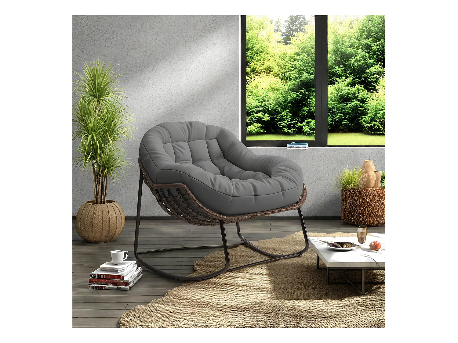 Chaise d'extérieur gris - Chaise à œufs surdimensionnée en osier avec coussin épais, pour l'intérieur et l'extérieur