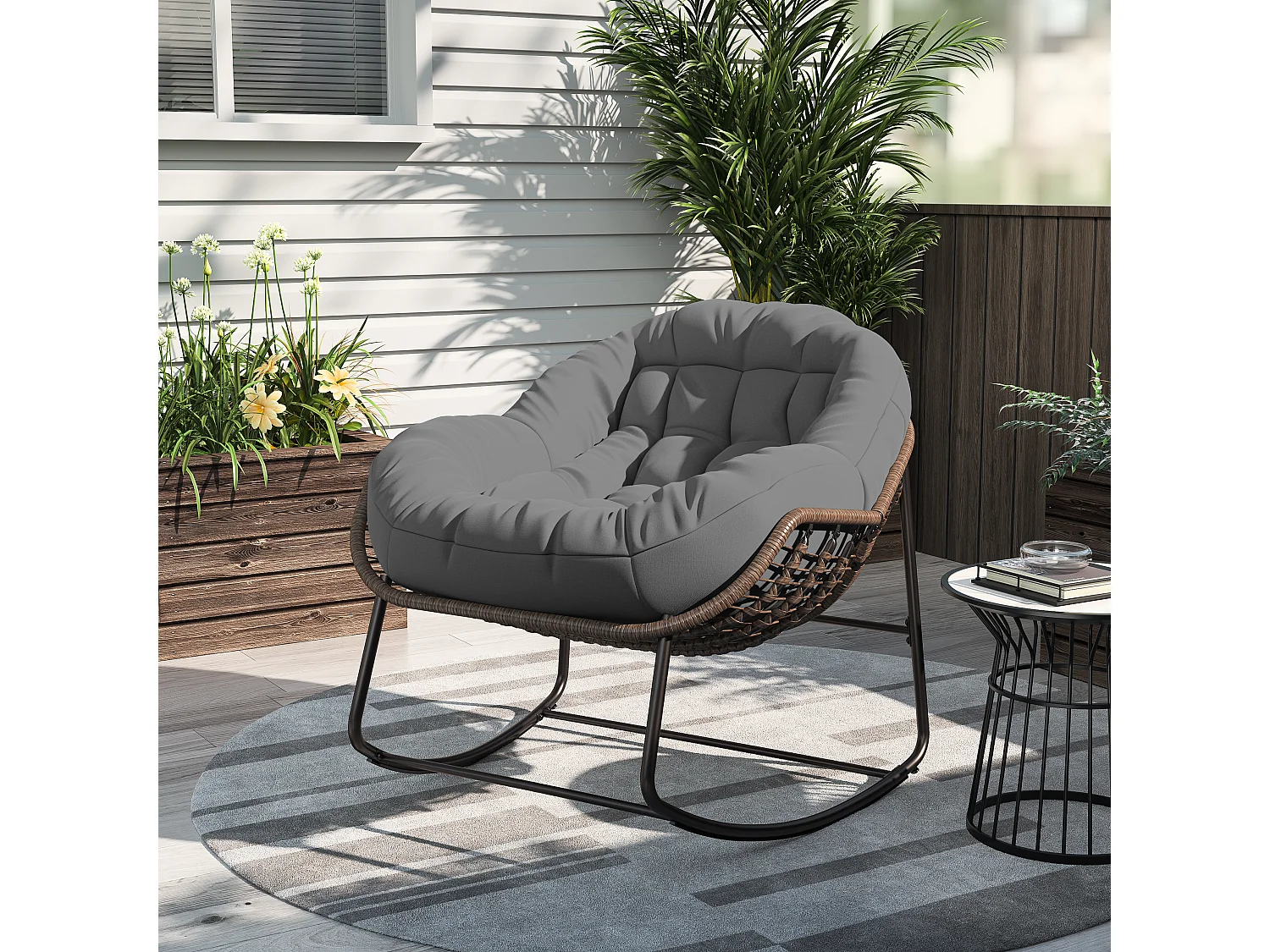 Chaise d'extérieur gris - Chaise à œufs surdimensionnée en osier avec coussin épais, pour l'intérieur et l'extérieur