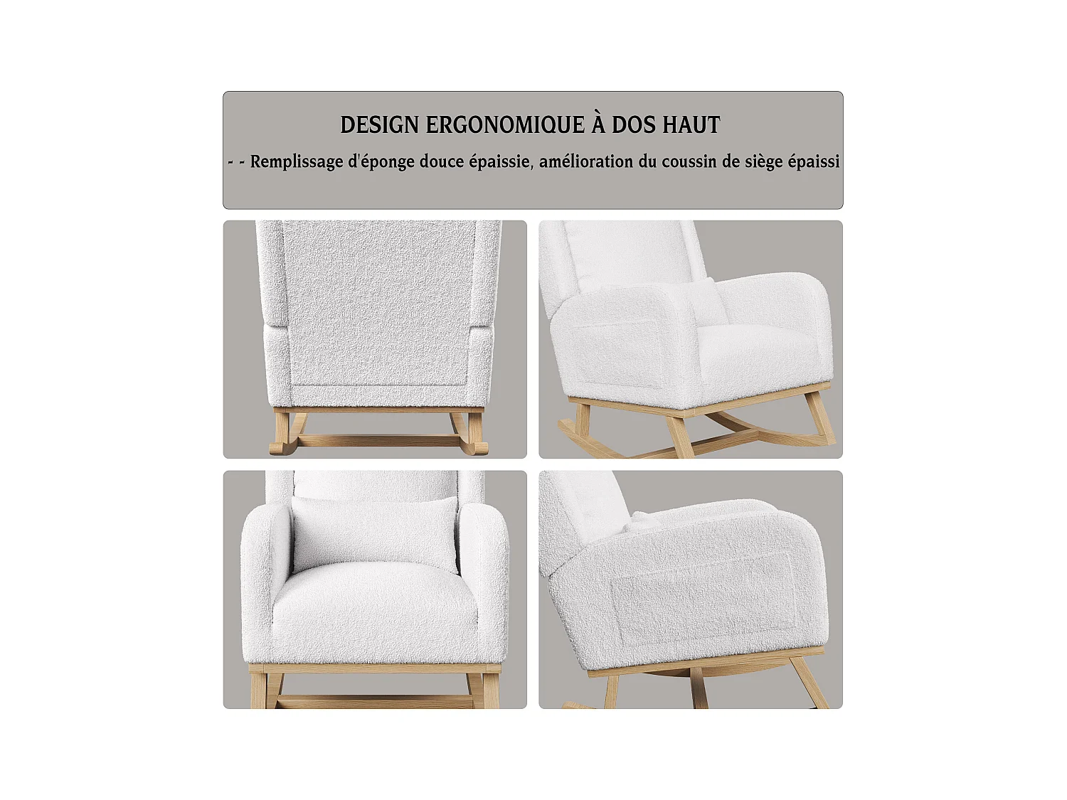 Witte schommelstoel, stoffen schommelstoel met hoge rugleuning, zijvak en lendenkussen, schommelstoel voor binnen en buiten
