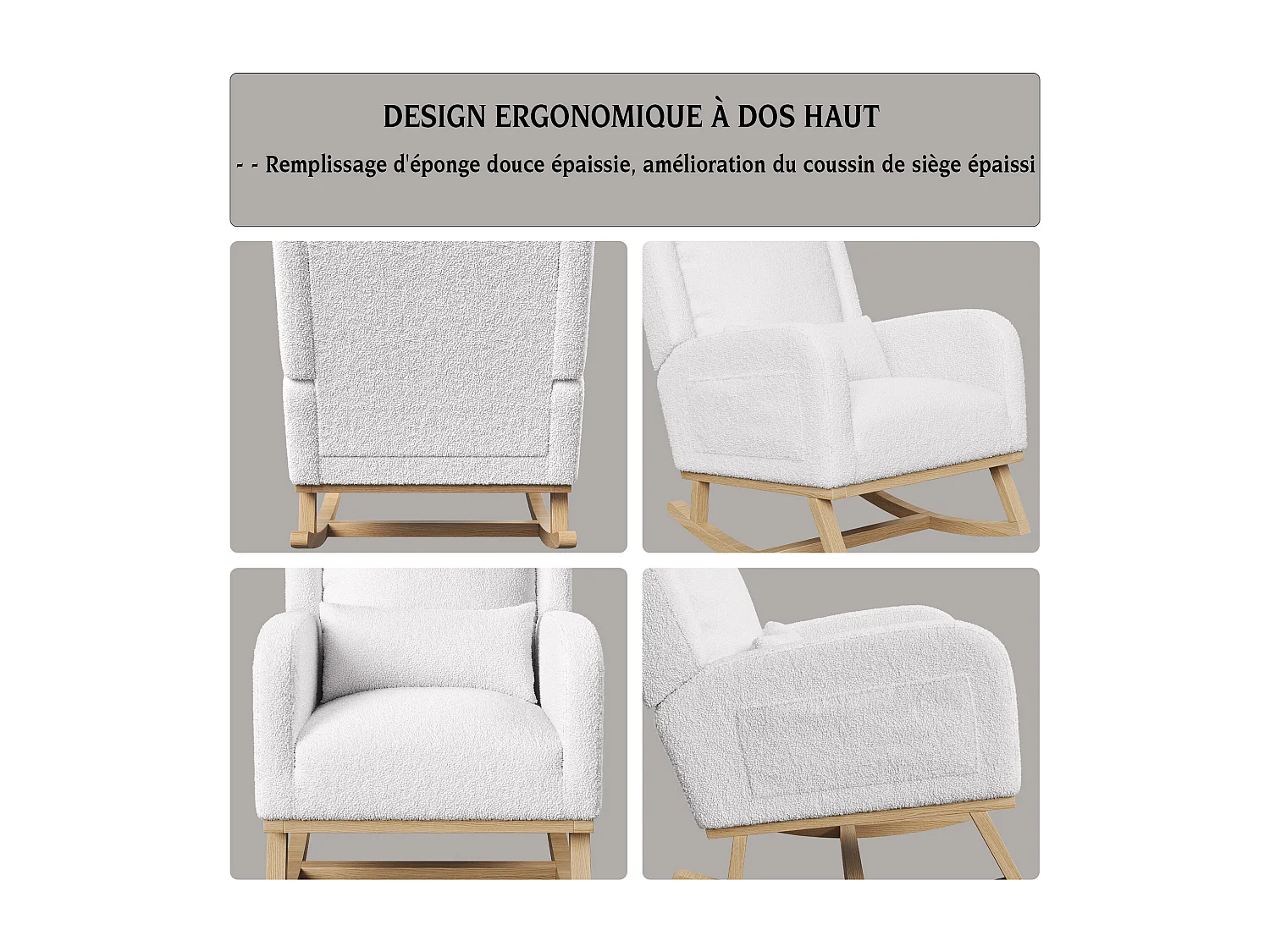 Witte schommelstoel, stoffen schommelstoel met hoge rugleuning, zijvak en lendenkussen, schommelstoel voor binnen en buiten