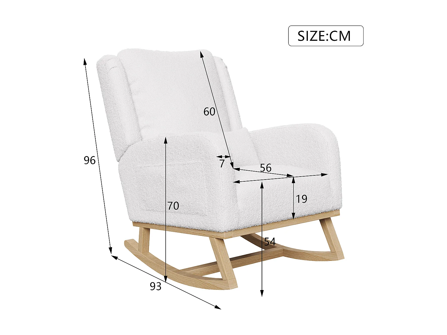 Witte schommelstoel, stoffen schommelstoel met hoge rugleuning, zijvak en lendenkussen, schommelstoel voor binnen en buiten