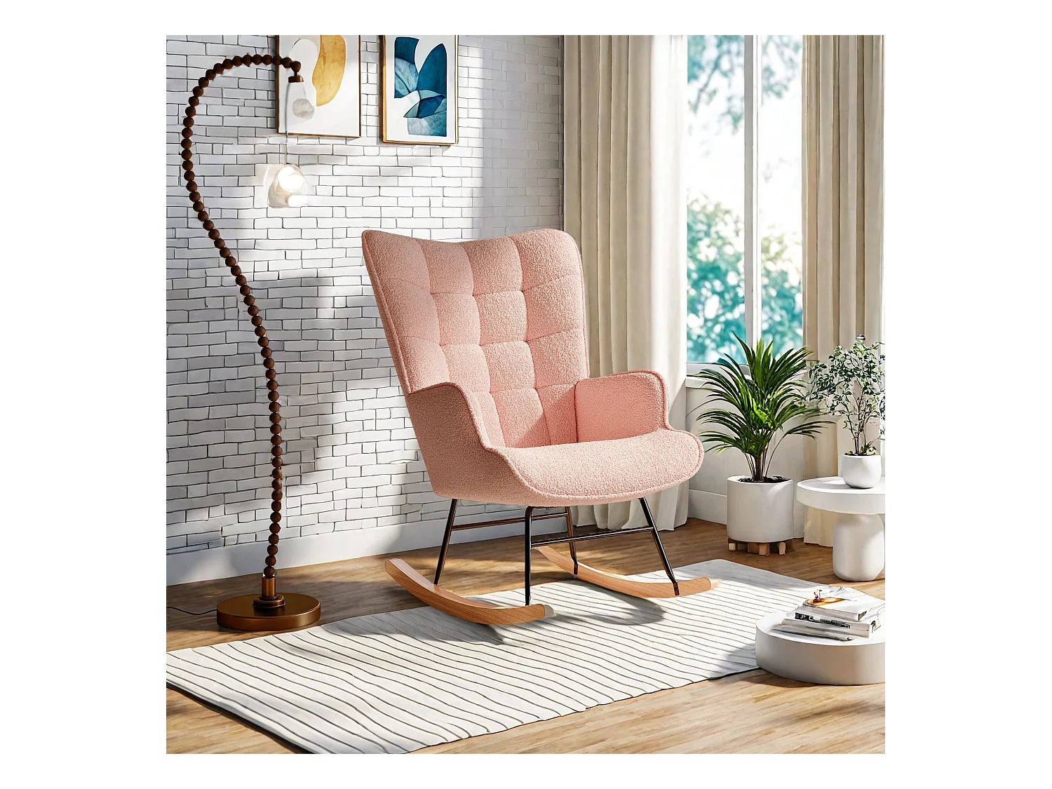 Fauteuil à bascule en tissu teddy rose avec dossier capitonné, design cosy et moderne pour salon ou chambre