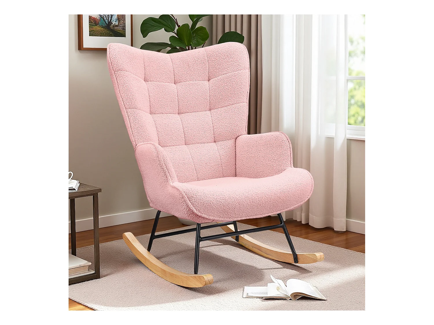 Fauteuil à bascule en tissu teddy rose avec dossier capitonné, design cosy et moderne pour salon ou chambre