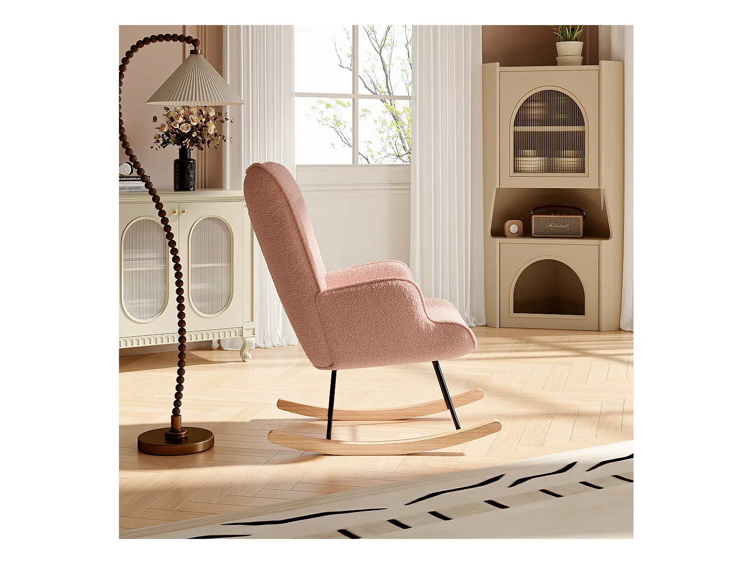 Fauteuil à bascule en tissu teddy rose avec dossier capitonné, design cosy et moderne pour salon ou chambre