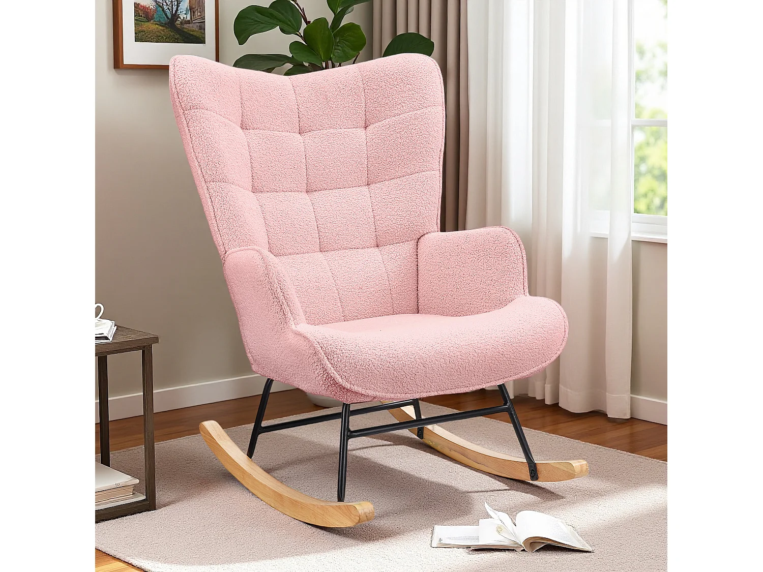 Fauteuil à bascule en tissu teddy rose avec dossier capitonné, design cosy et moderne pour salon ou chambre