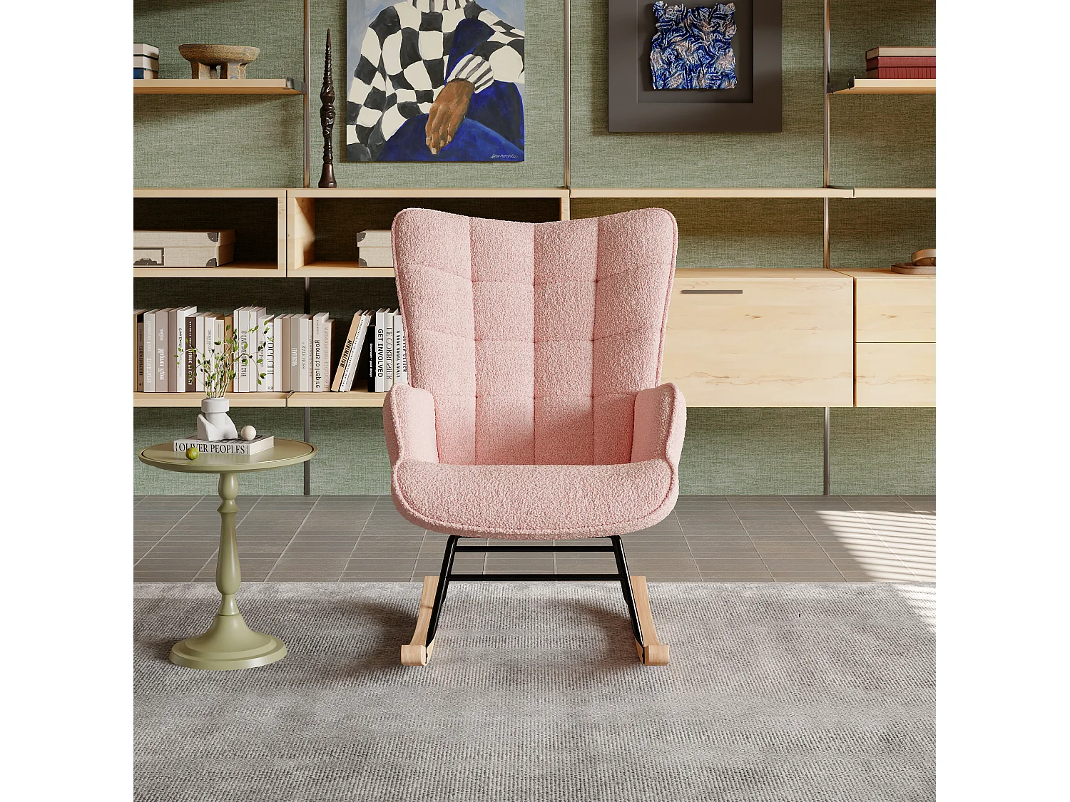 Fauteuil à bascule en tissu teddy rose avec dossier capitonné, design cosy et moderne pour salon ou chambre