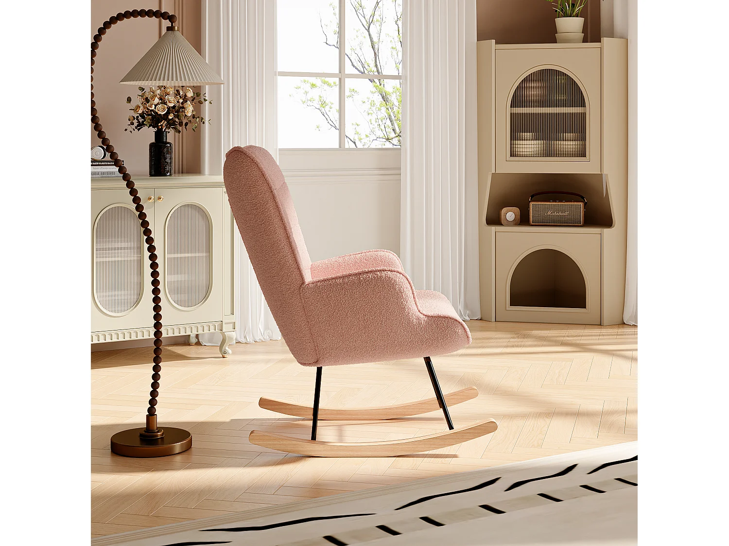 Fauteuil à bascule en tissu teddy rose avec dossier capitonné, design cosy et moderne pour salon ou chambre