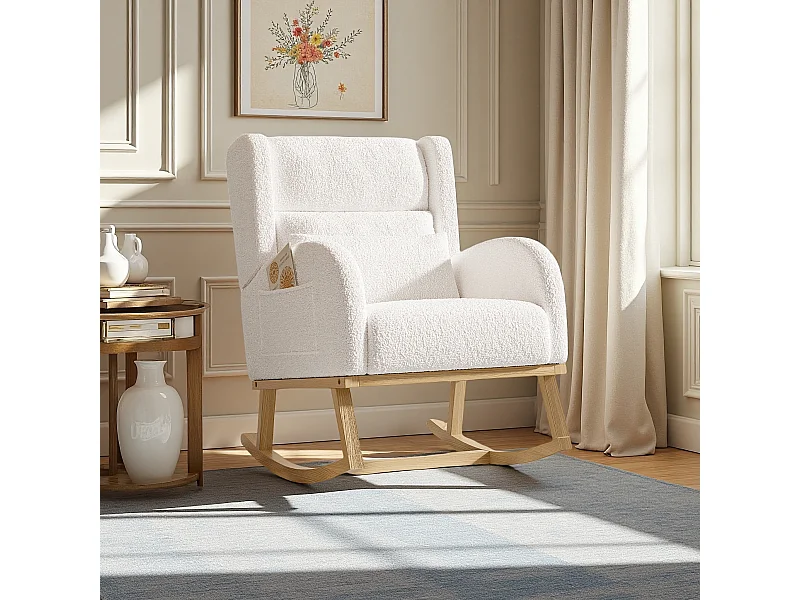 Fauteuil à bascule en teddy blanc avec soutien lombaire, design cosy et moderne pour salon ou chambre