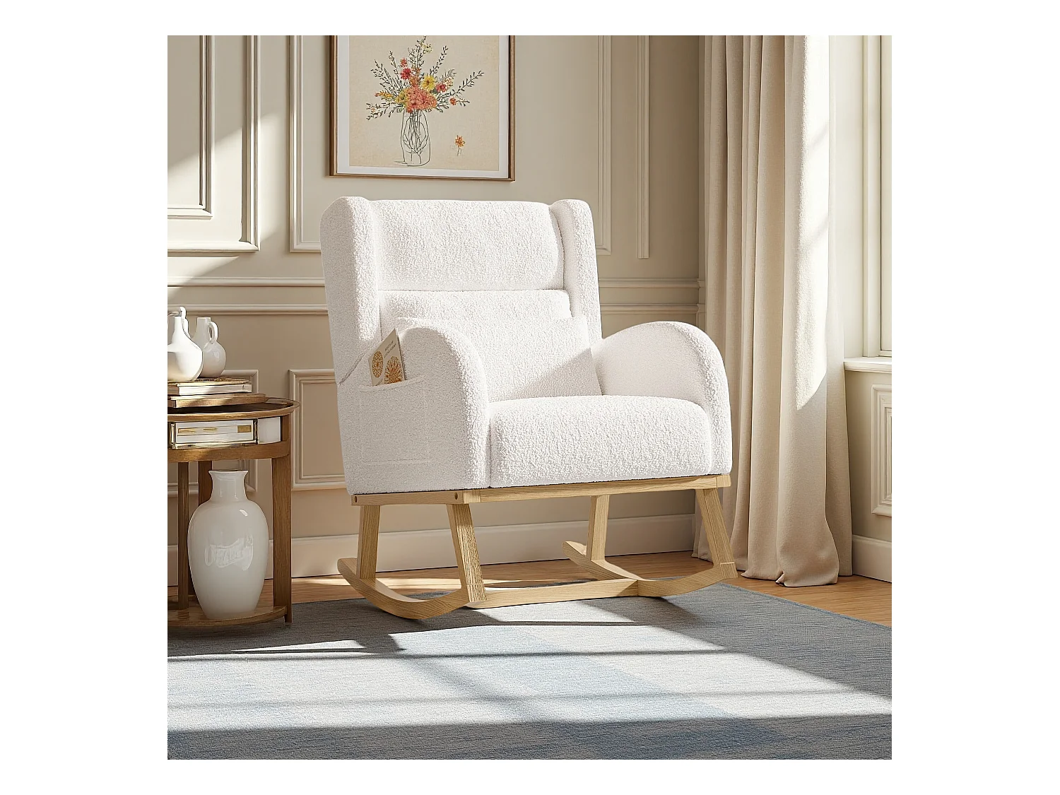 Fauteuil à bascule en teddy blanc avec soutien lombaire, design cosy et moderne pour salon ou chambre