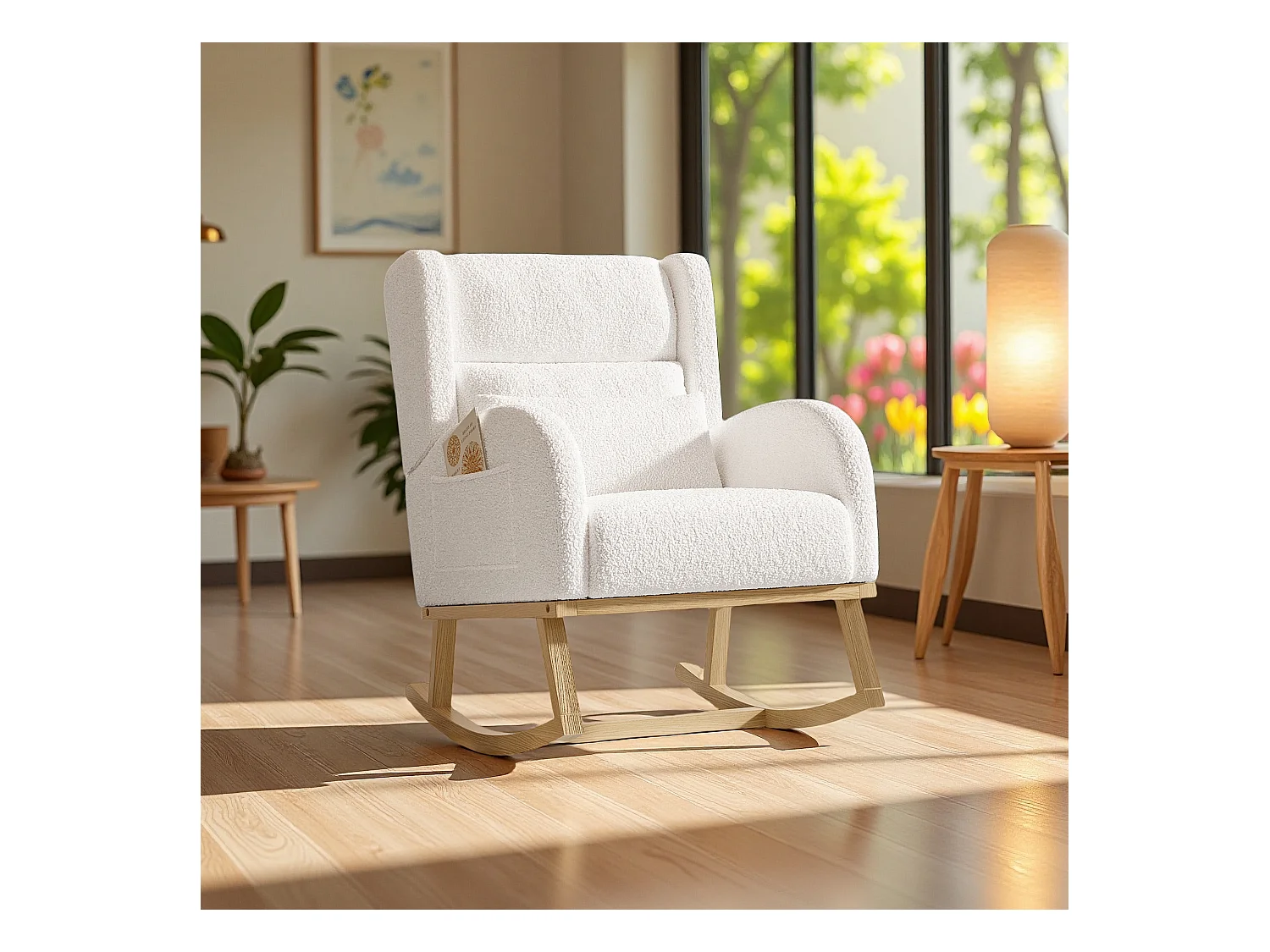 Fauteuil à bascule en teddy blanc avec soutien lombaire, design cosy et moderne pour salon ou chambre