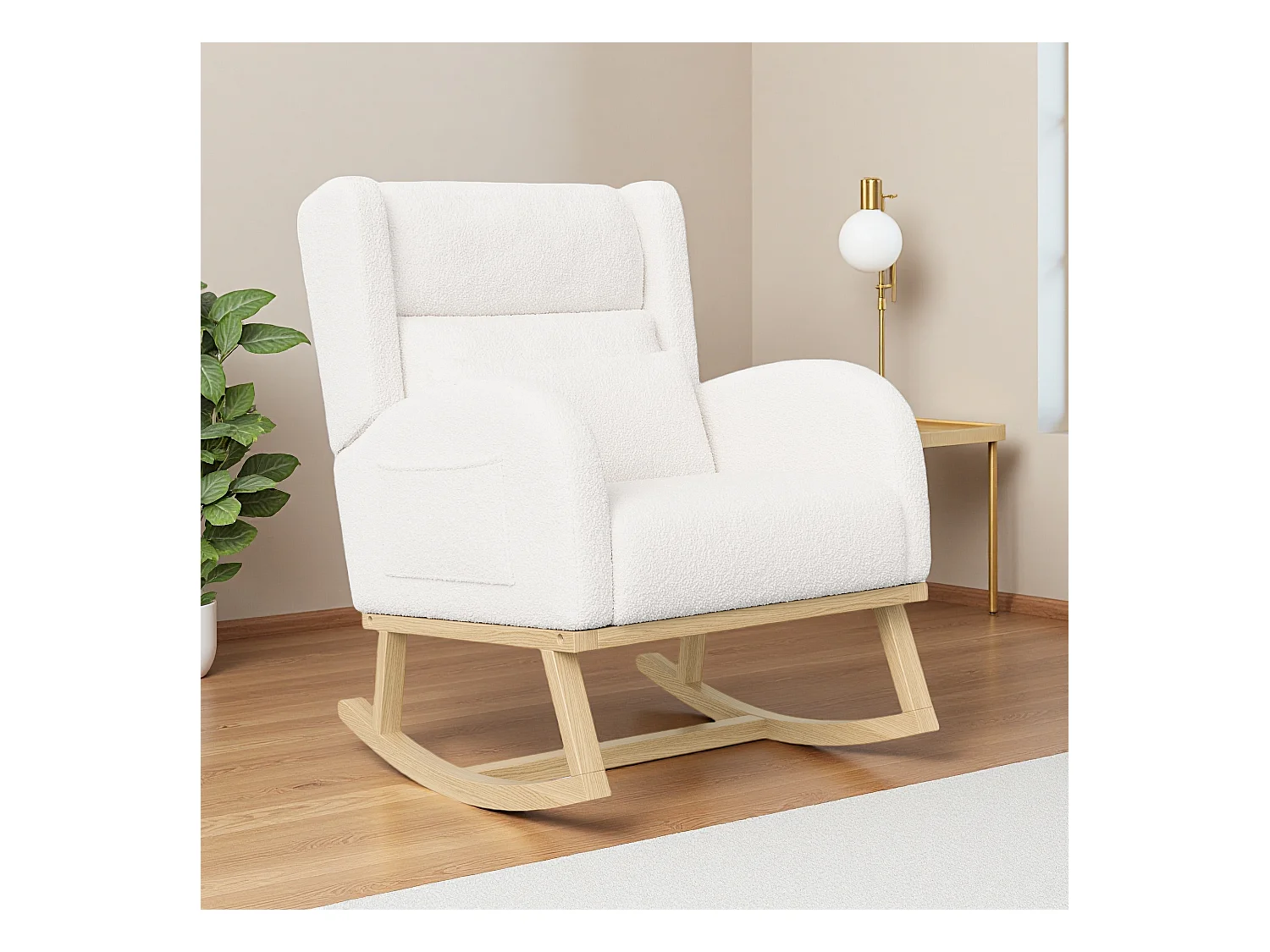 Fauteuil à bascule en teddy blanc avec soutien lombaire, design cosy et moderne pour salon ou chambre