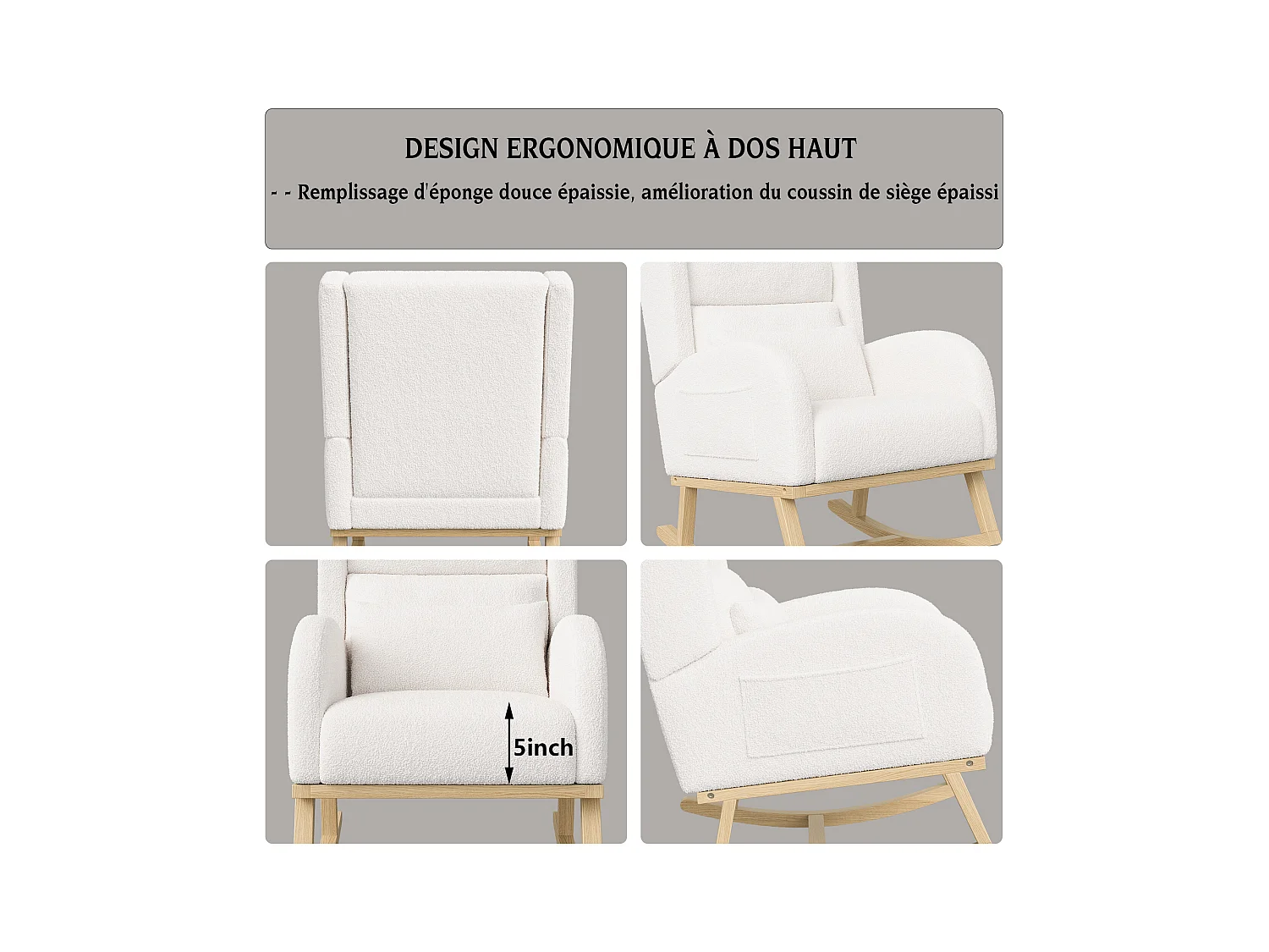 Fauteuil à bascule en teddy blanc avec soutien lombaire, design cosy et moderne pour salon ou chambre