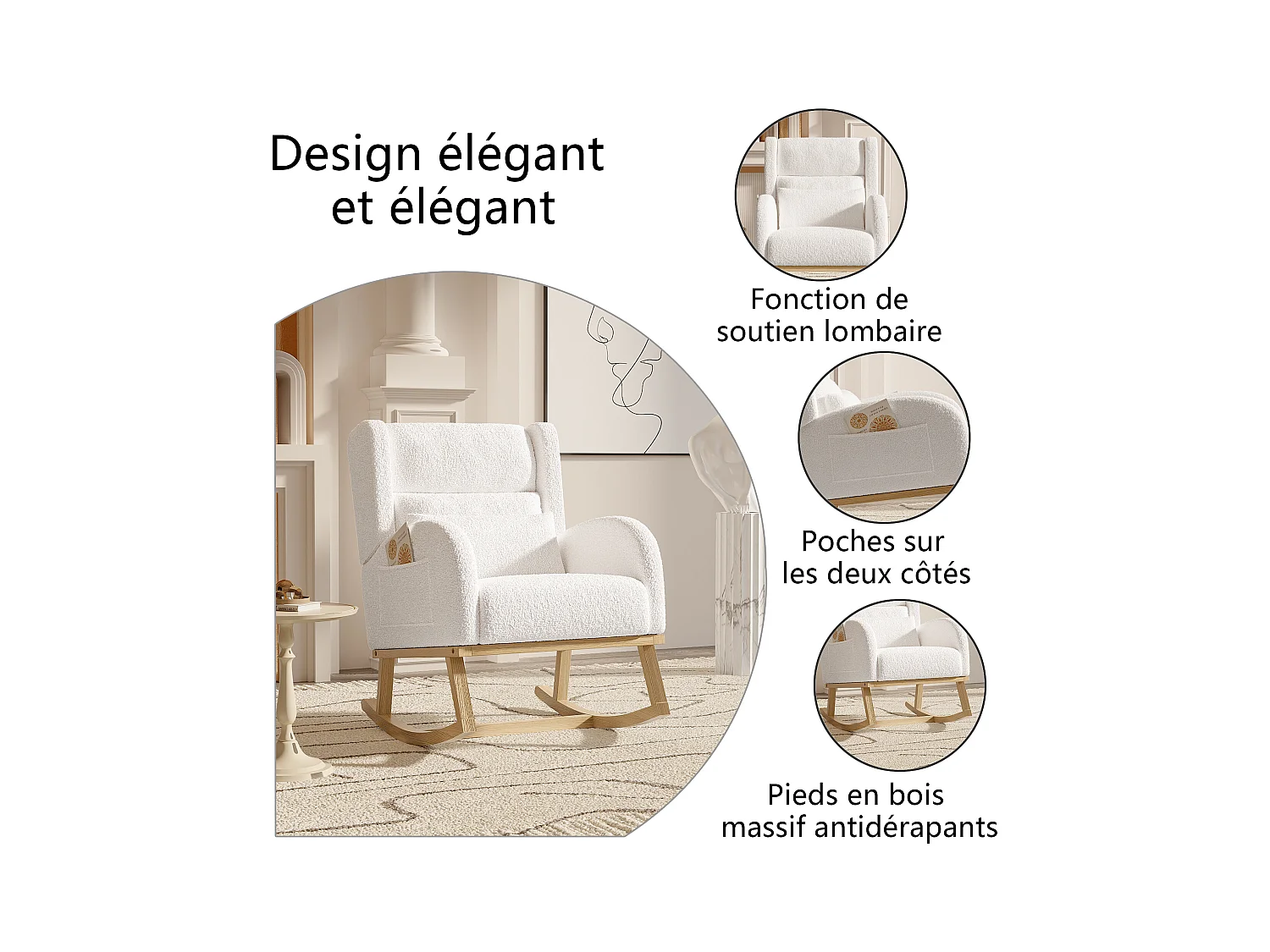 Fauteuil à bascule en teddy blanc avec soutien lombaire, design cosy et moderne pour salon ou chambre