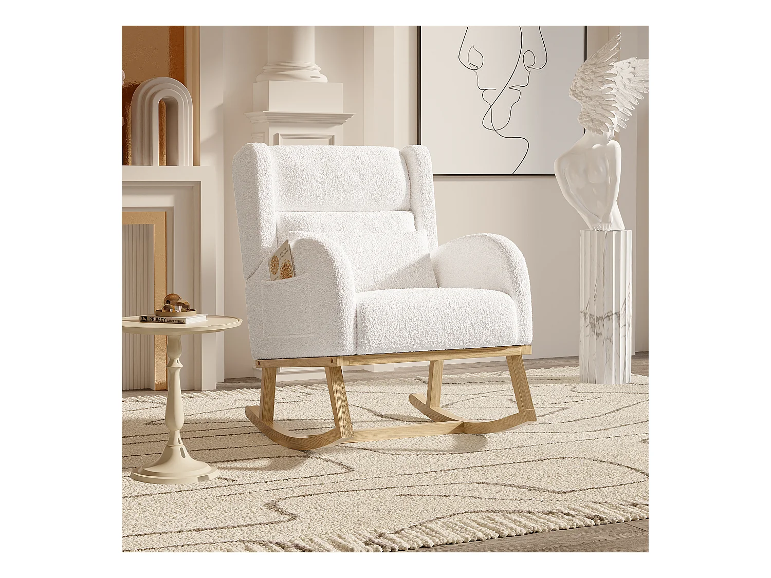 Fauteuil à bascule en teddy blanc avec soutien lombaire, design cosy et moderne pour salon ou chambre