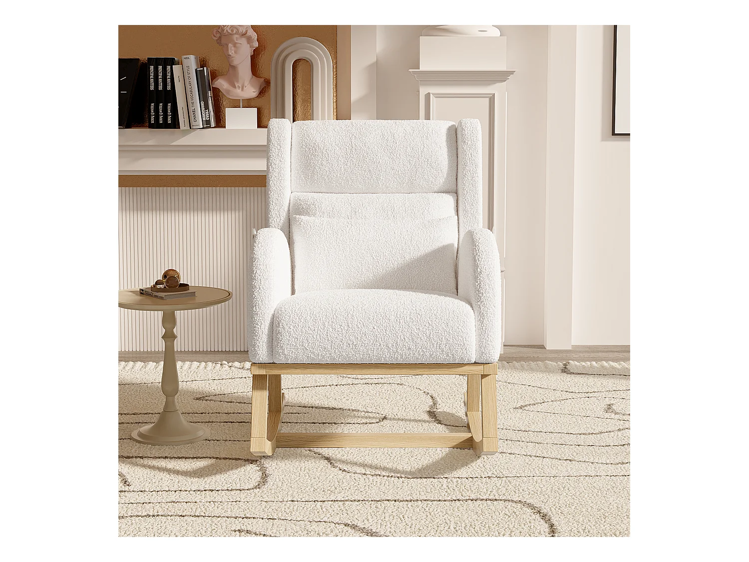Fauteuil à bascule en teddy blanc avec soutien lombaire, design cosy et moderne pour salon ou chambre
