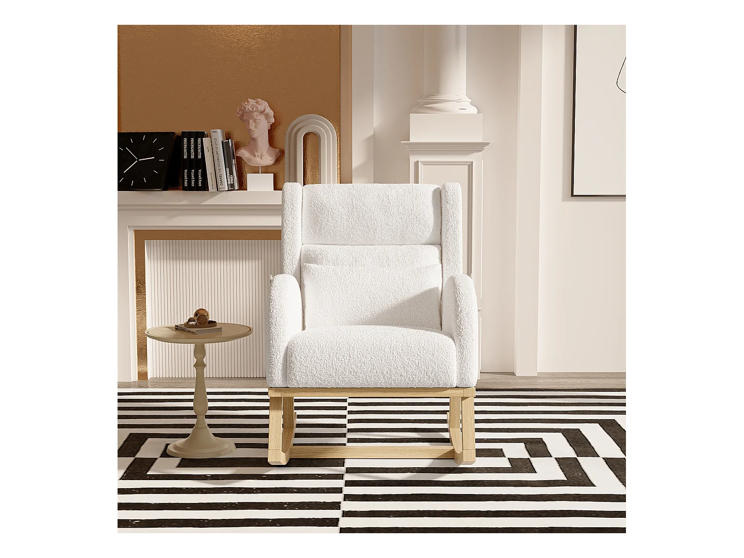 Fauteuil à bascule en teddy blanc avec soutien lombaire, design cosy et moderne pour salon ou chambre