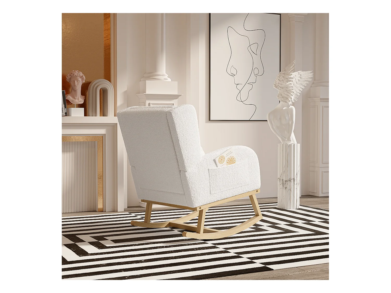 Fauteuil à bascule en teddy blanc avec soutien lombaire, design cosy et moderne pour salon ou chambre