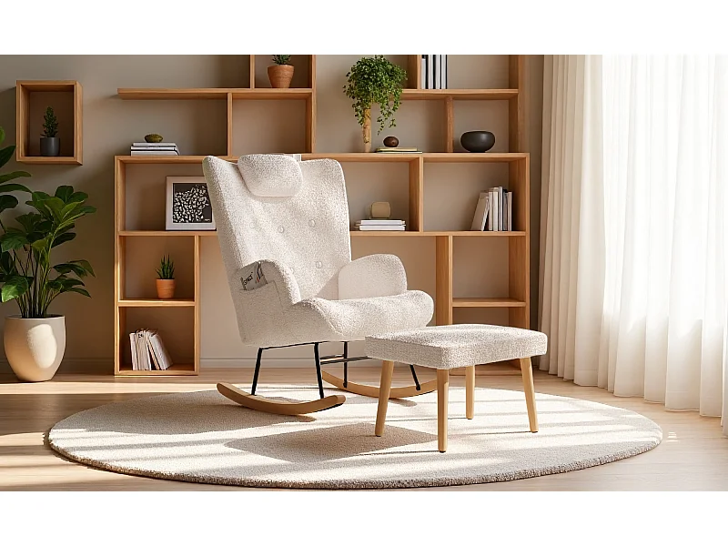 Schommelstoel met kruk, schommelstoel voor binnen en buiten, zacht pluche, zijvak en voetensteun (teddyfluweel, wit)