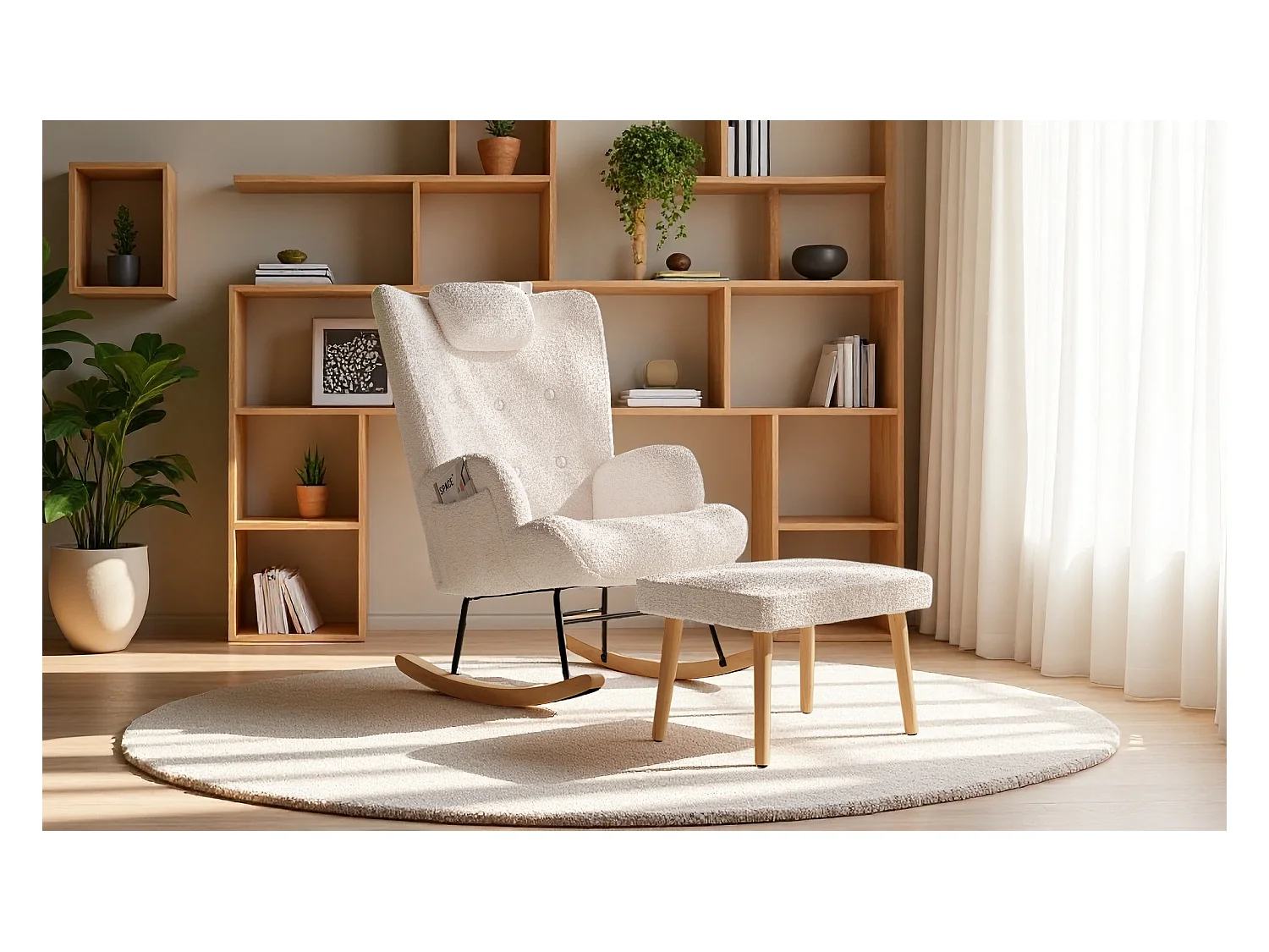 Schommelstoel met kruk, schommelstoel voor binnen en buiten, zacht pluche, zijvak en voetensteun (teddyfluweel, wit)