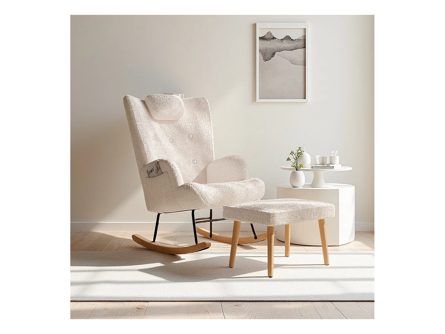 Schommelstoel met kruk, schommelstoel voor binnen en buiten, zacht pluche, zijvak en voetensteun (teddyfluweel, wit)