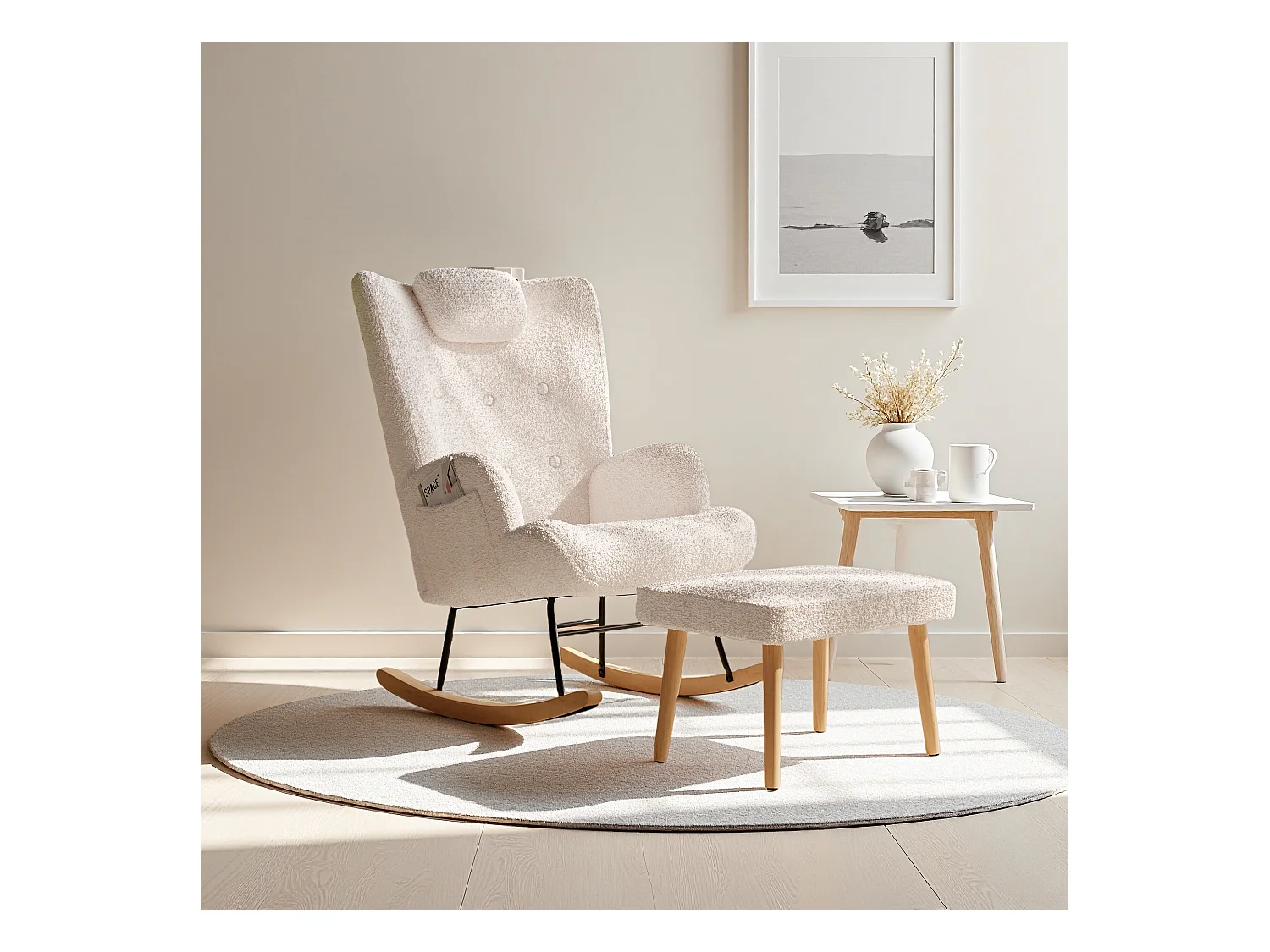 Schommelstoel met kruk, schommelstoel voor binnen en buiten, zacht pluche, zijvak en voetensteun (teddyfluweel, wit)
