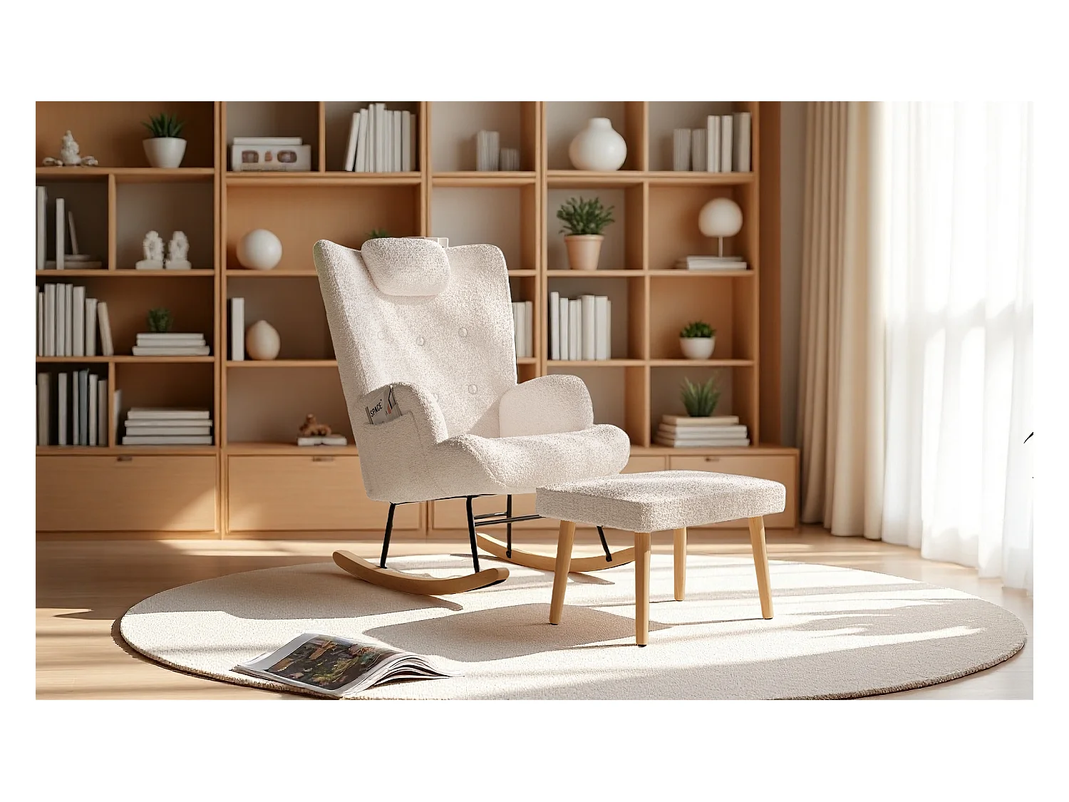 Schommelstoel met kruk, schommelstoel voor binnen en buiten, zacht pluche, zijvak en voetensteun (teddyfluweel, wit)