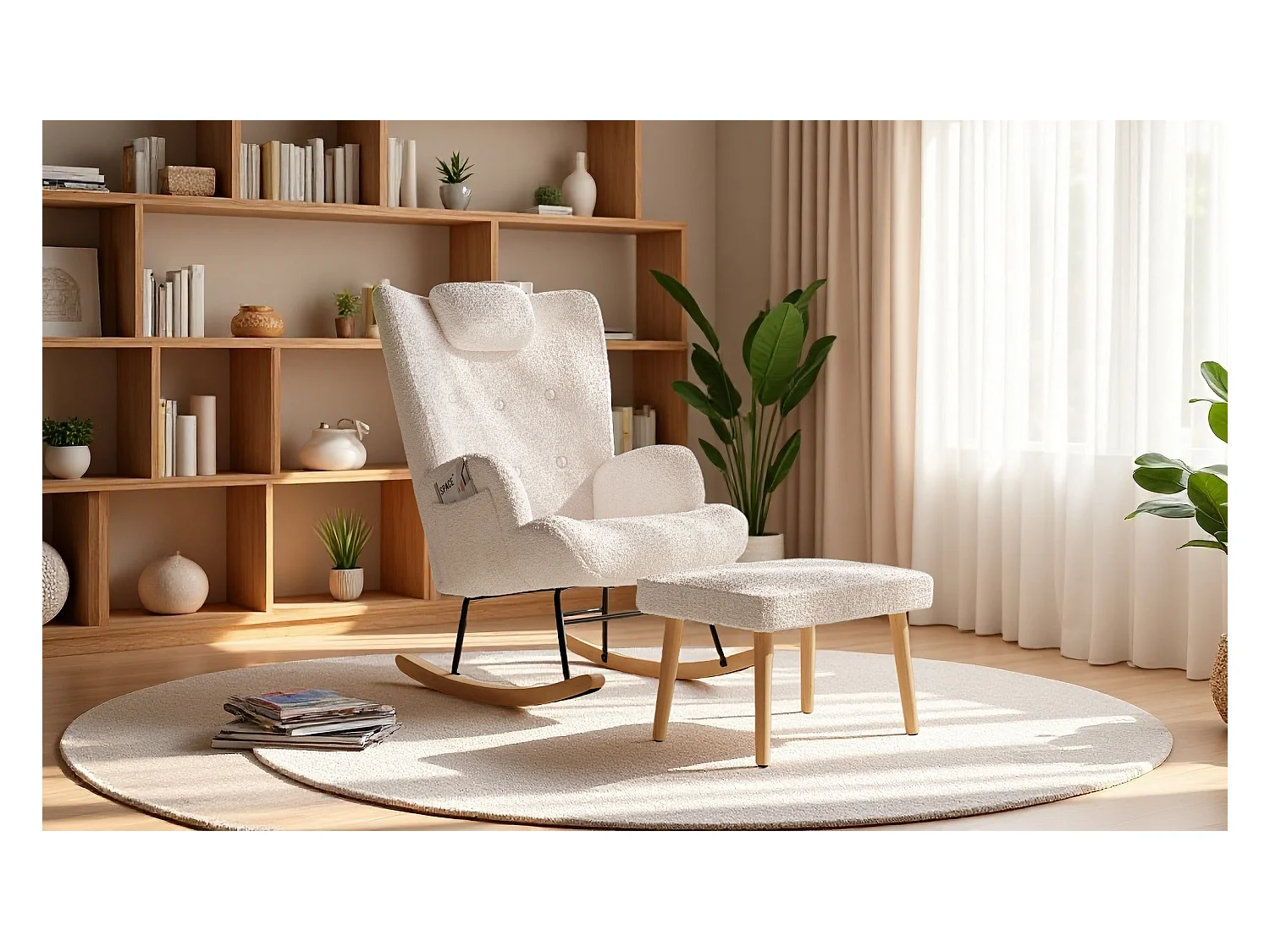 Schommelstoel met kruk, schommelstoel voor binnen en buiten, zacht pluche, zijvak en voetensteun (teddyfluweel, wit)