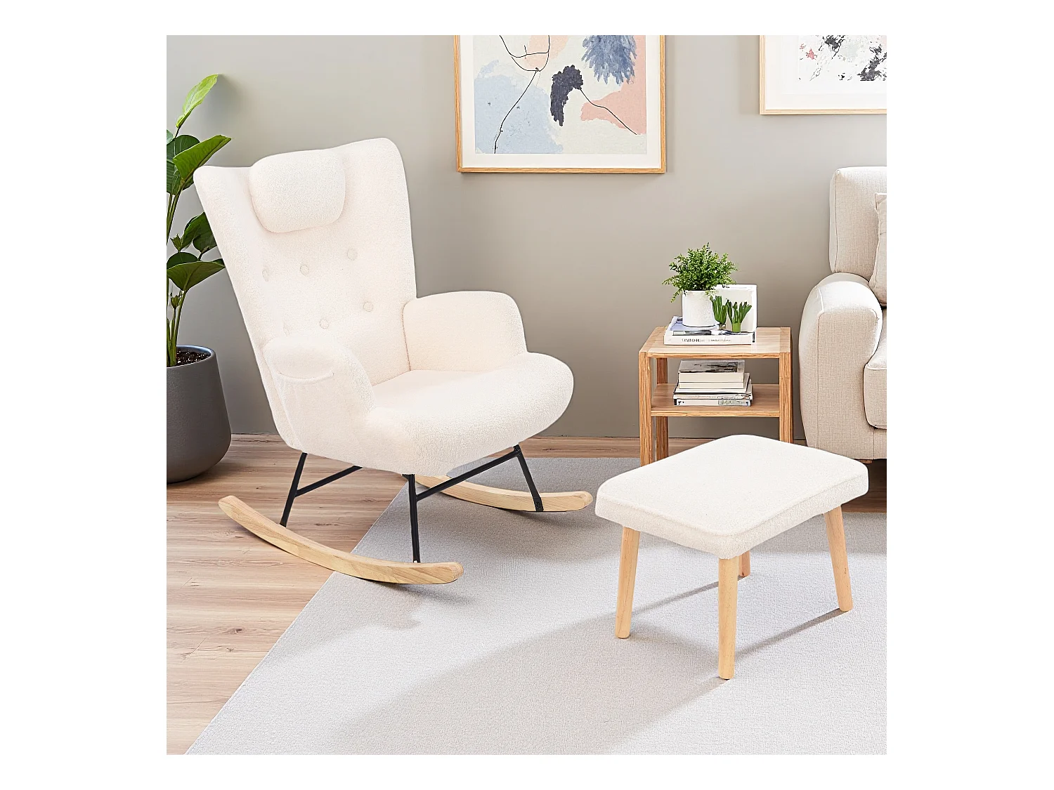 Schommelstoel met kruk, schommelstoel voor binnen en buiten, zacht pluche, zijvak en voetensteun (teddyfluweel, wit)
