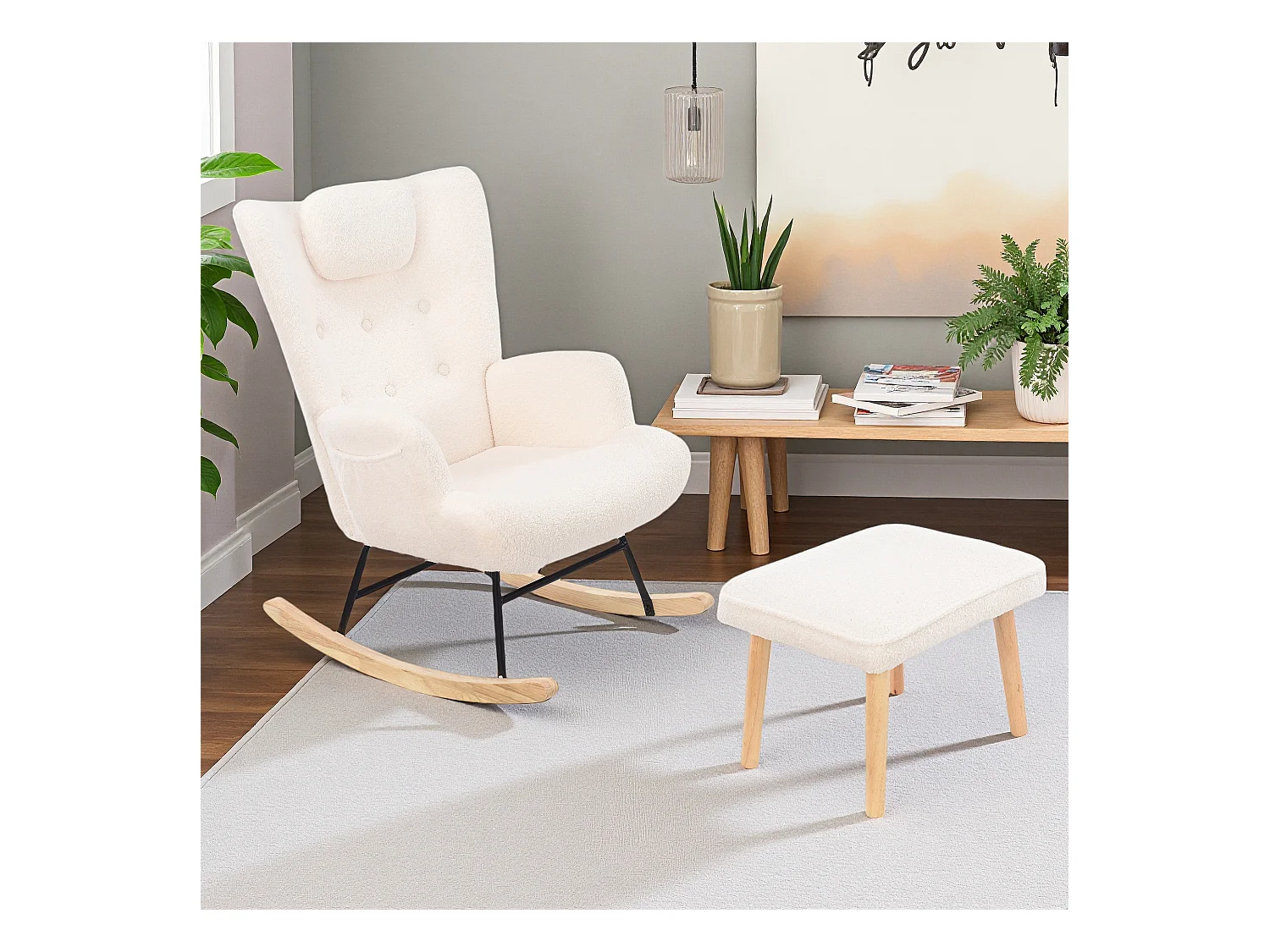 Schommelstoel met kruk, schommelstoel voor binnen en buiten, zacht pluche, zijvak en voetensteun (teddyfluweel, wit)