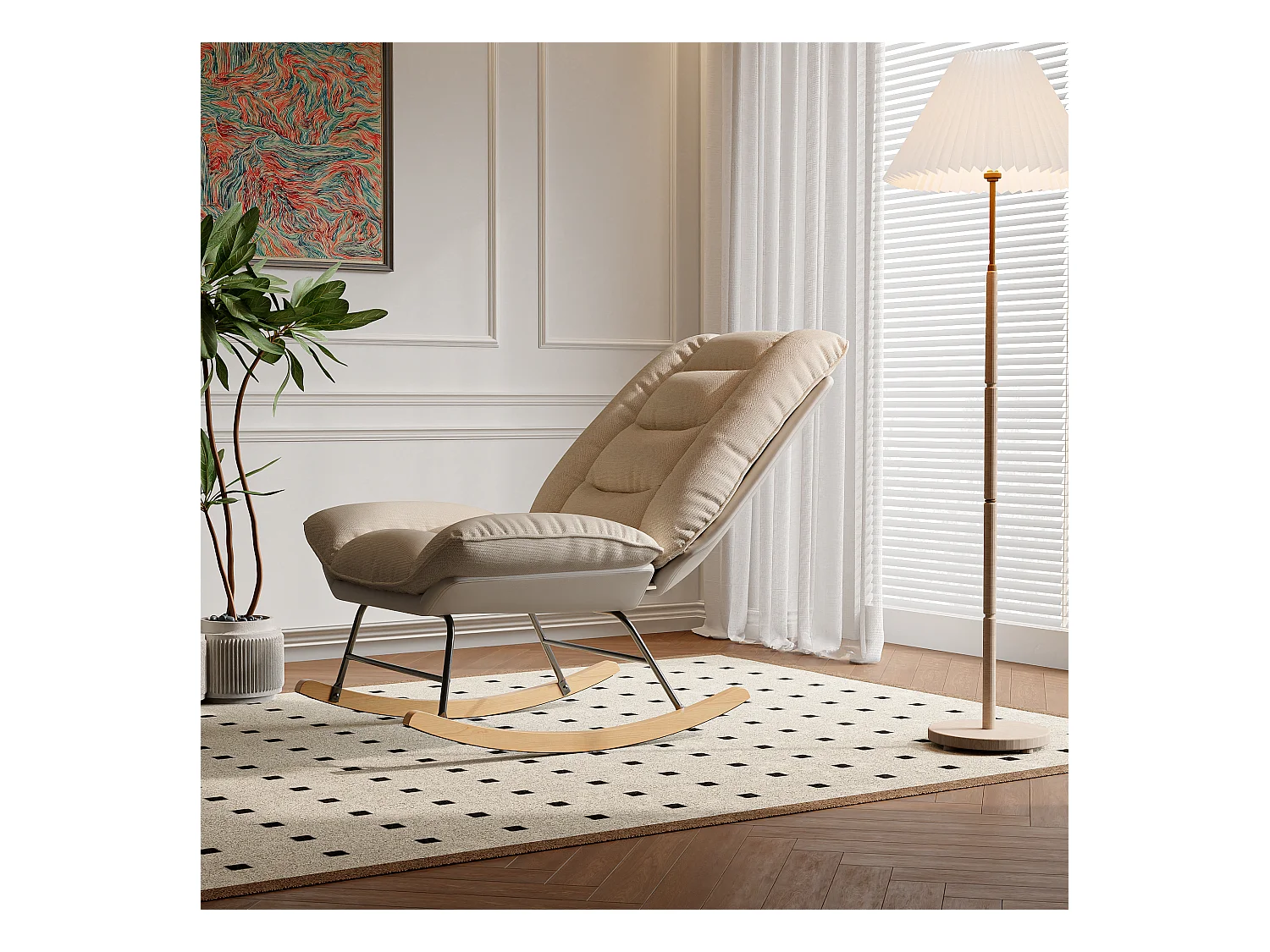 Fauteuil à bascule bicolore, dossier réglable 5 positions avec fixation velcro, design moderne en tissu mixte