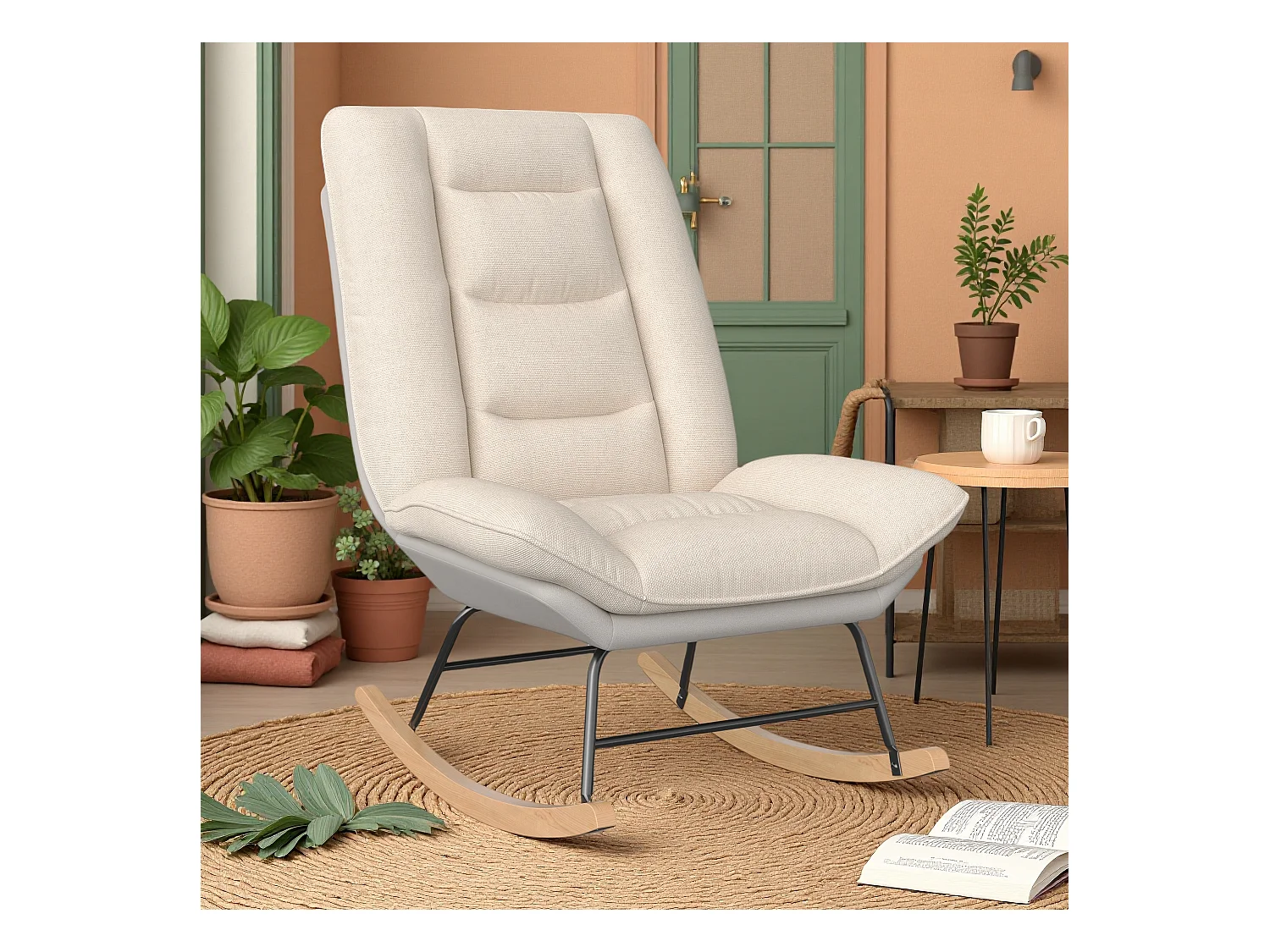 Fauteuil à bascule bicolore, dossier réglable 5 positions avec fixation velcro, design moderne en tissu mixte