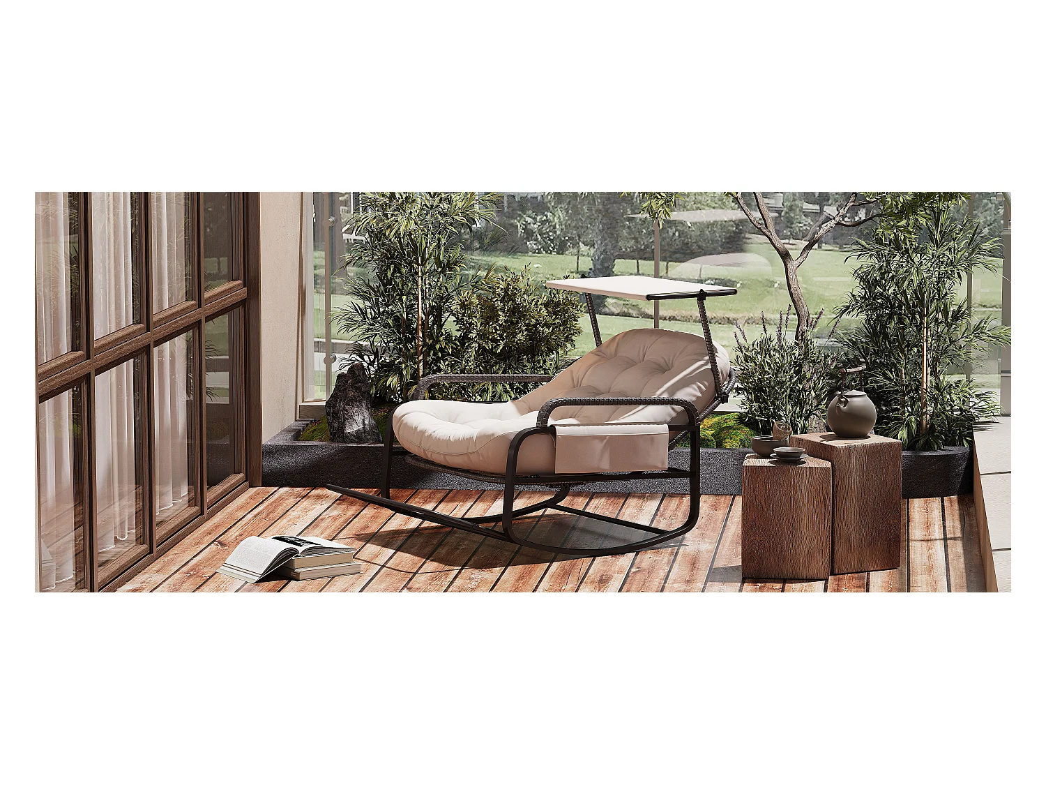 Sedia a dondolo da esterno con cuscino beige, schienale regolabile, poggiapiedi pieghevole e tettuccio, rattan intrecciato, ideale per balcone giardino terrazza