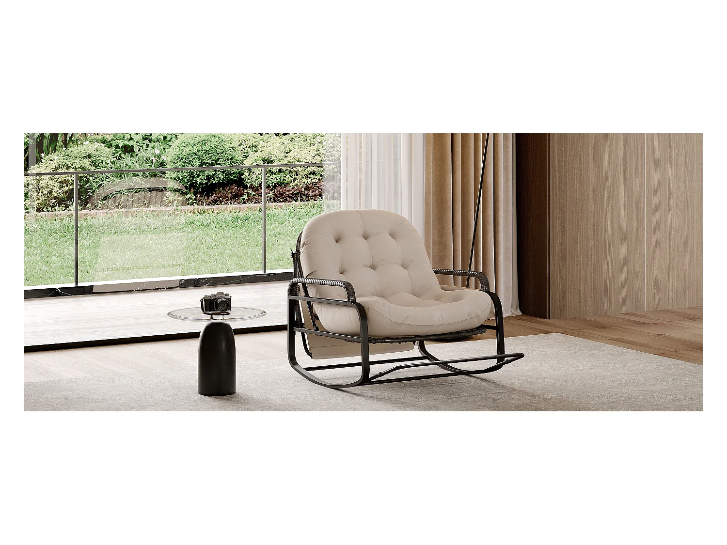 Sedia a dondolo da esterno con cuscino beige, schienale regolabile, poggiapiedi pieghevole e tettuccio, rattan intrecciato, ideale per balcone giardino terrazza