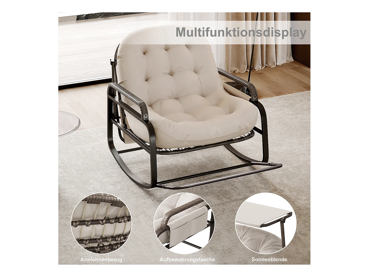 Sedia a dondolo da esterno con cuscino beige, schienale regolabile, poggiapiedi pieghevole e tettuccio, rattan intrecciato, ideale per balcone giardino terrazza