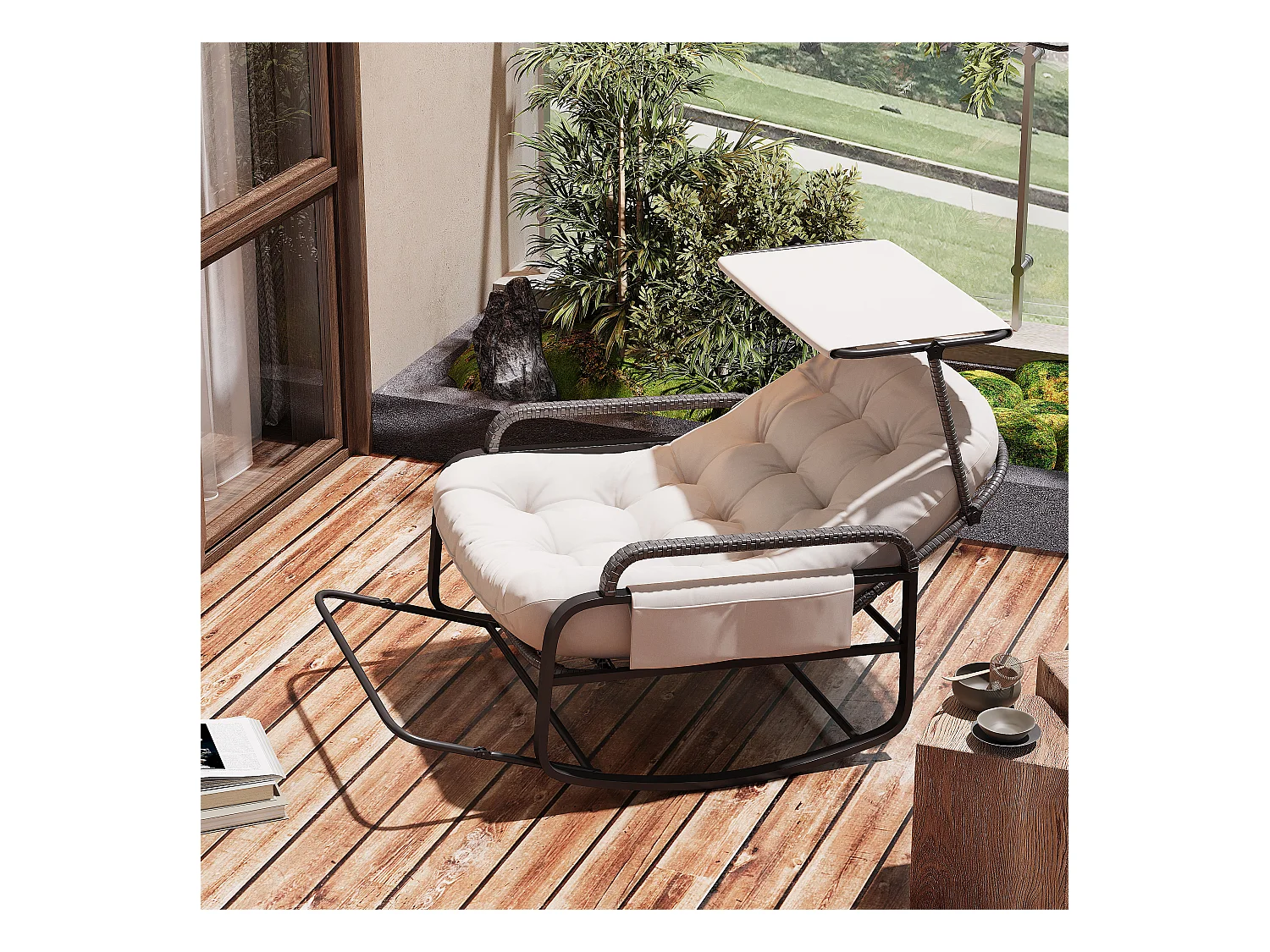Sedia a dondolo da esterno con cuscino beige, schienale regolabile, poggiapiedi pieghevole e tettuccio, rattan intrecciato, ideale per balcone giardino terrazza
