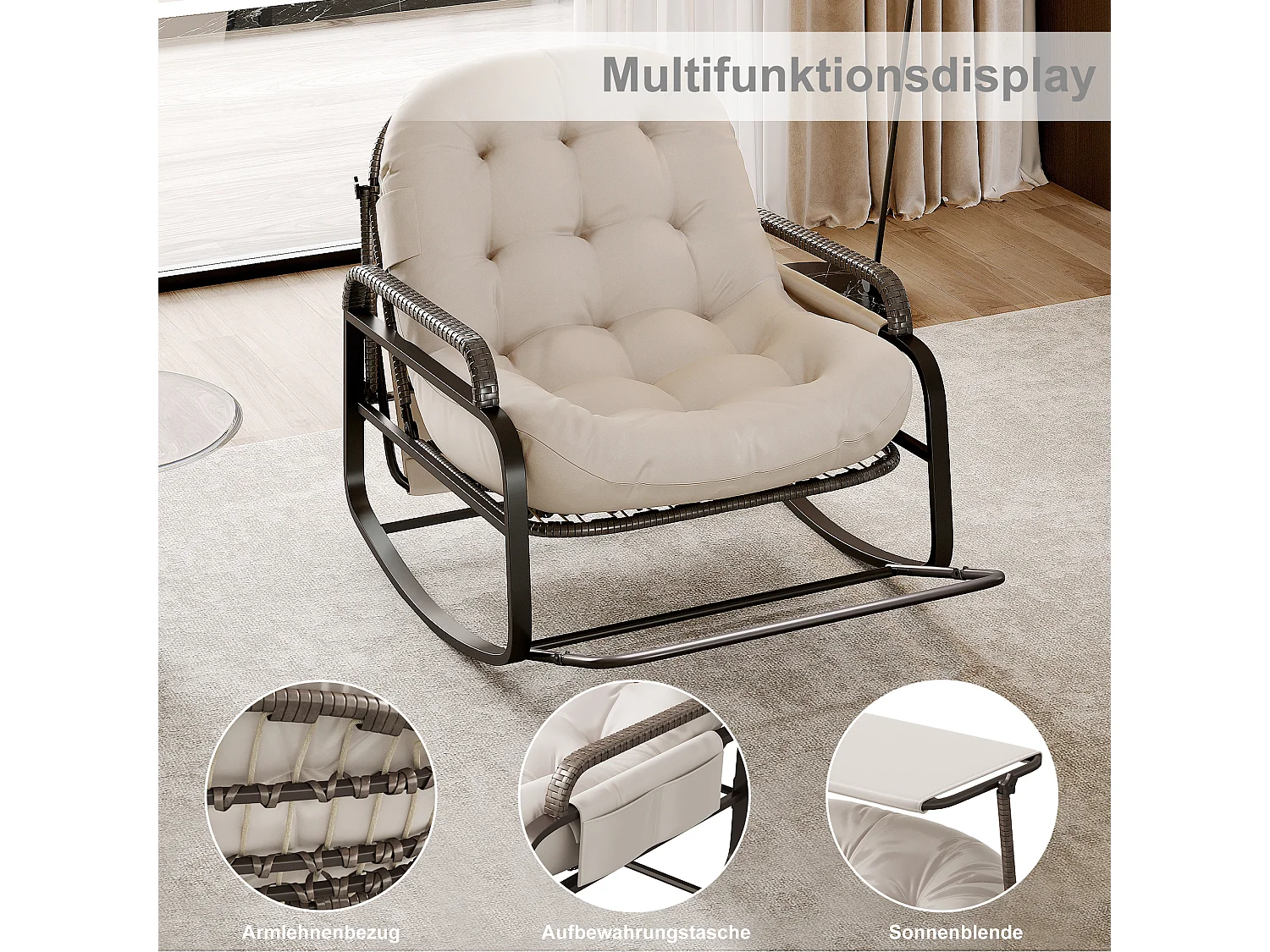 Fauteuil à bascule extérieur avec coussin beige, dossier réglable, repose-pieds pliable et auvent, rotin tressé, idéal balcon jardin terrasse