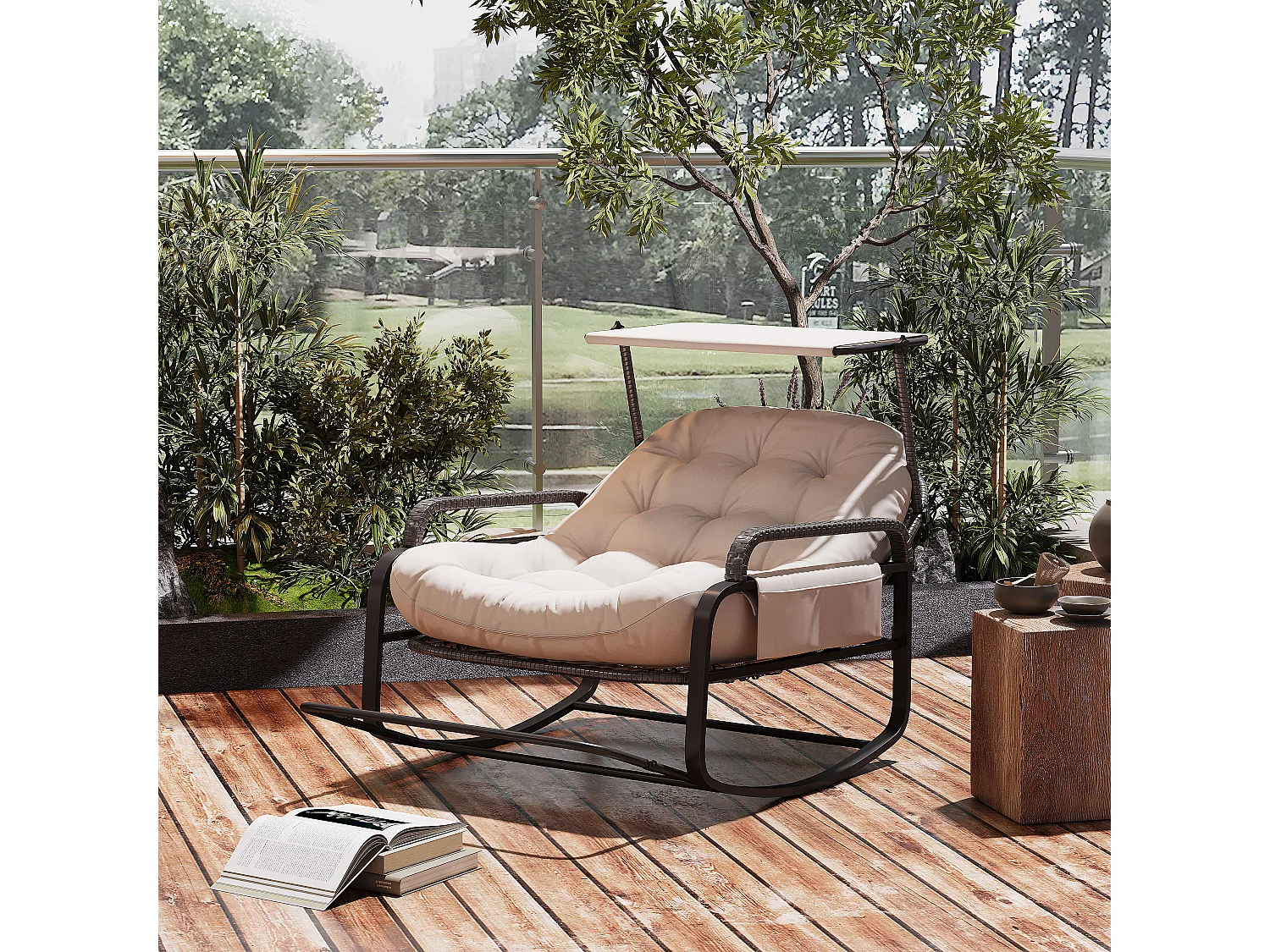 Fauteuil à bascule extérieur avec coussin beige, dossier réglable, repose-pieds pliable et auvent, rotin tressé, idéal balcon jardin terrasse