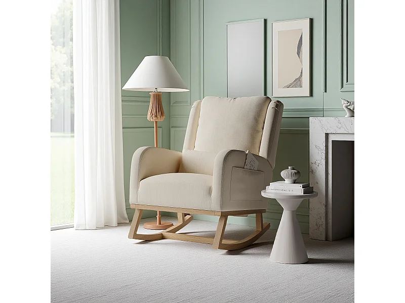 Fauteuil à bascule en lin coton beige avec poches latérales, dossier rembourré, coussin et patins silencieux