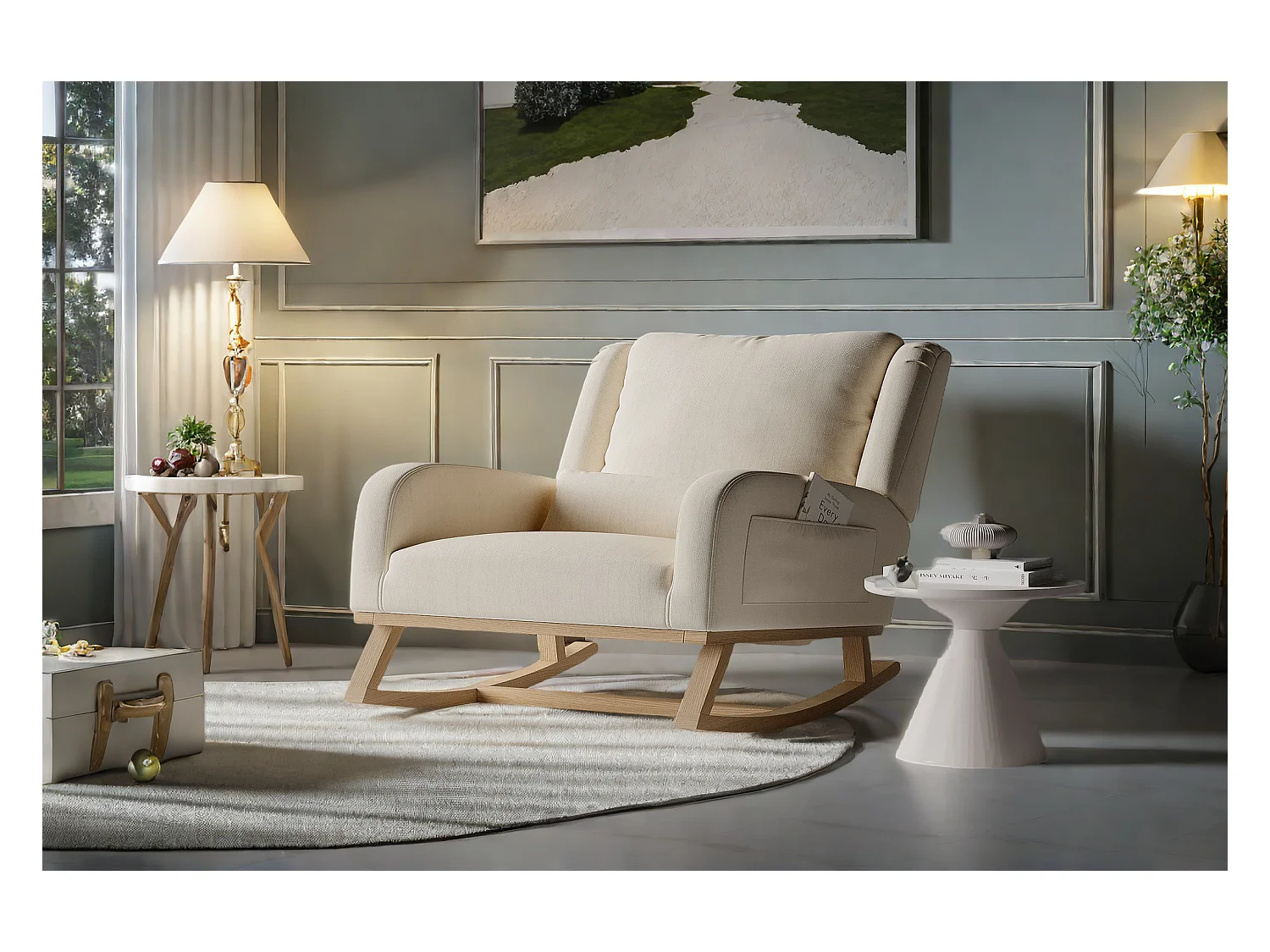 Fauteuil à bascule en lin coton beige avec poches latérales, dossier rembourré, coussin et patins silencieux