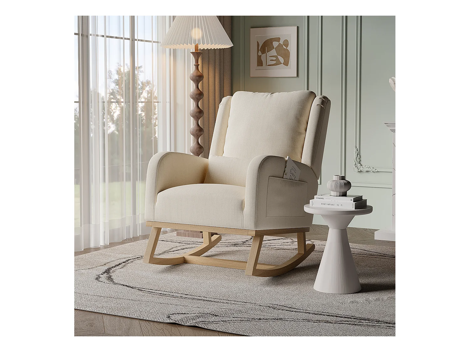 Fauteuil à bascule en lin coton beige avec poches latérales, dossier rembourré, coussin et patins silencieux