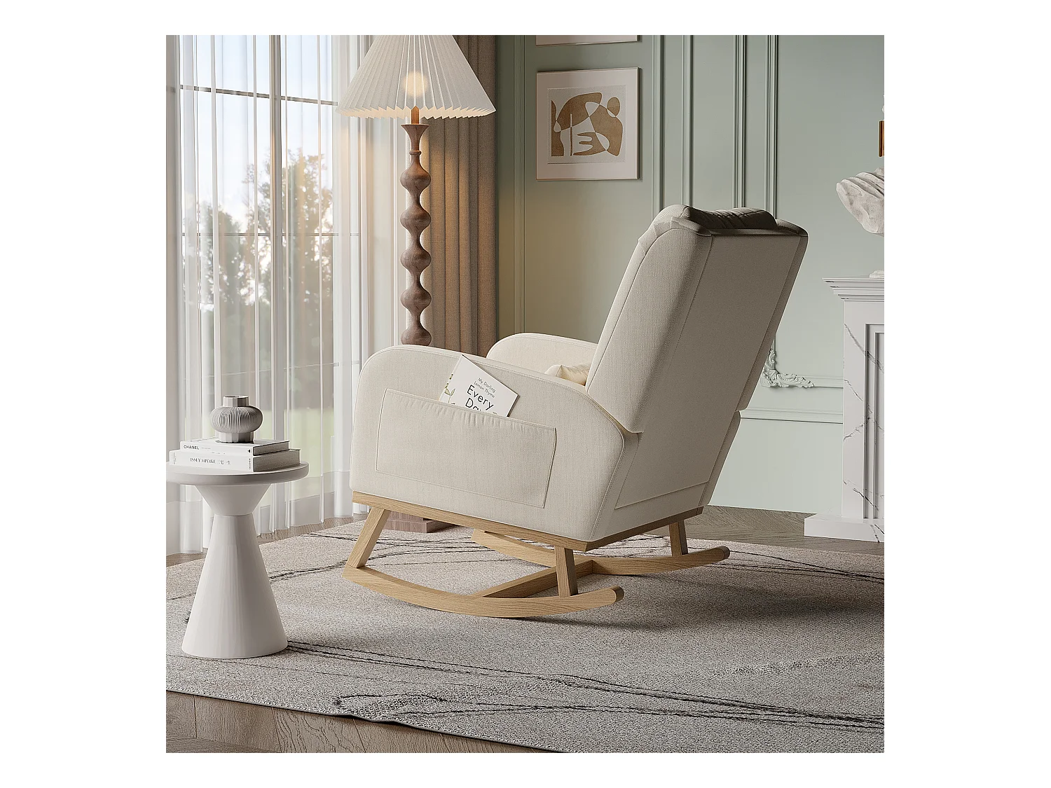 Fauteuil à bascule en lin coton beige avec poches latérales, dossier rembourré, coussin et patins silencieux