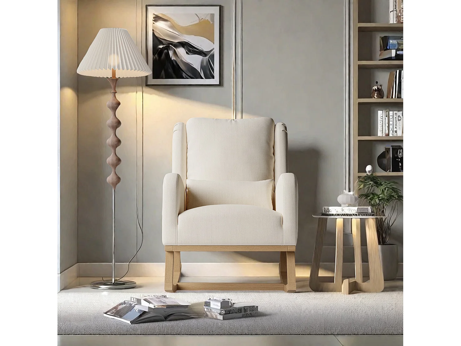 Fauteuil à bascule en lin coton beige avec poches latérales, dossier rembourré, coussin et patins silencieux
