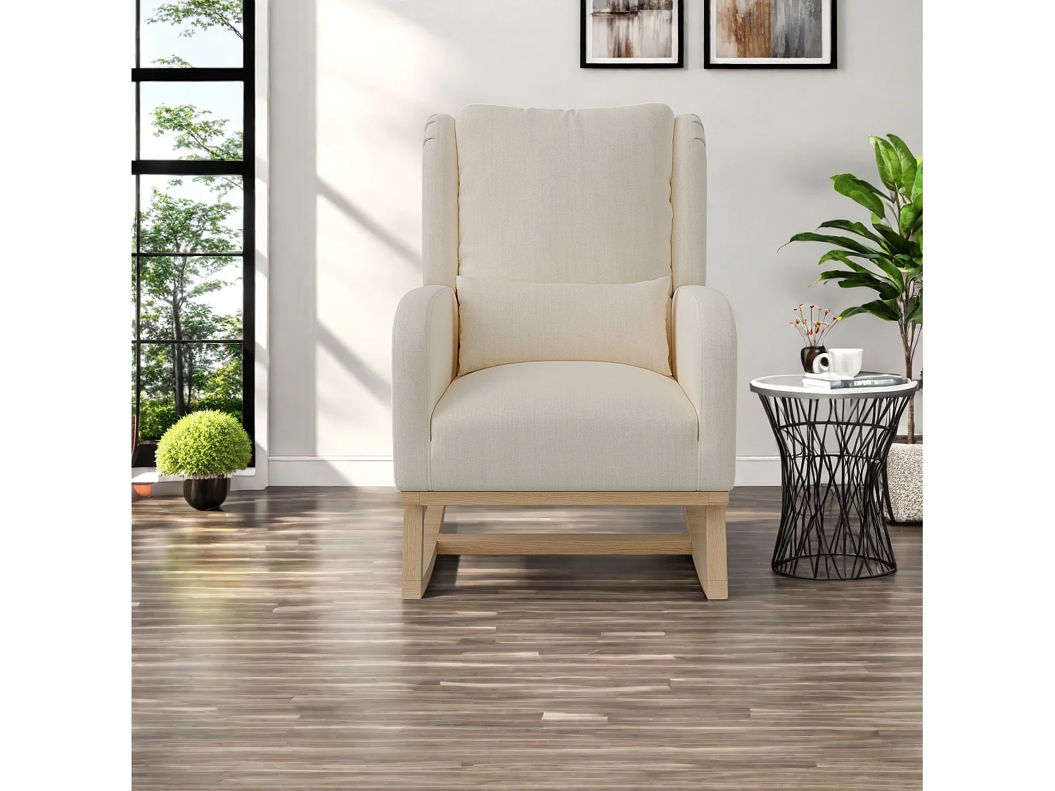 Fauteuil à bascule en lin coton beige avec poches latérales, dossier rembourré, coussin et patins silencieux