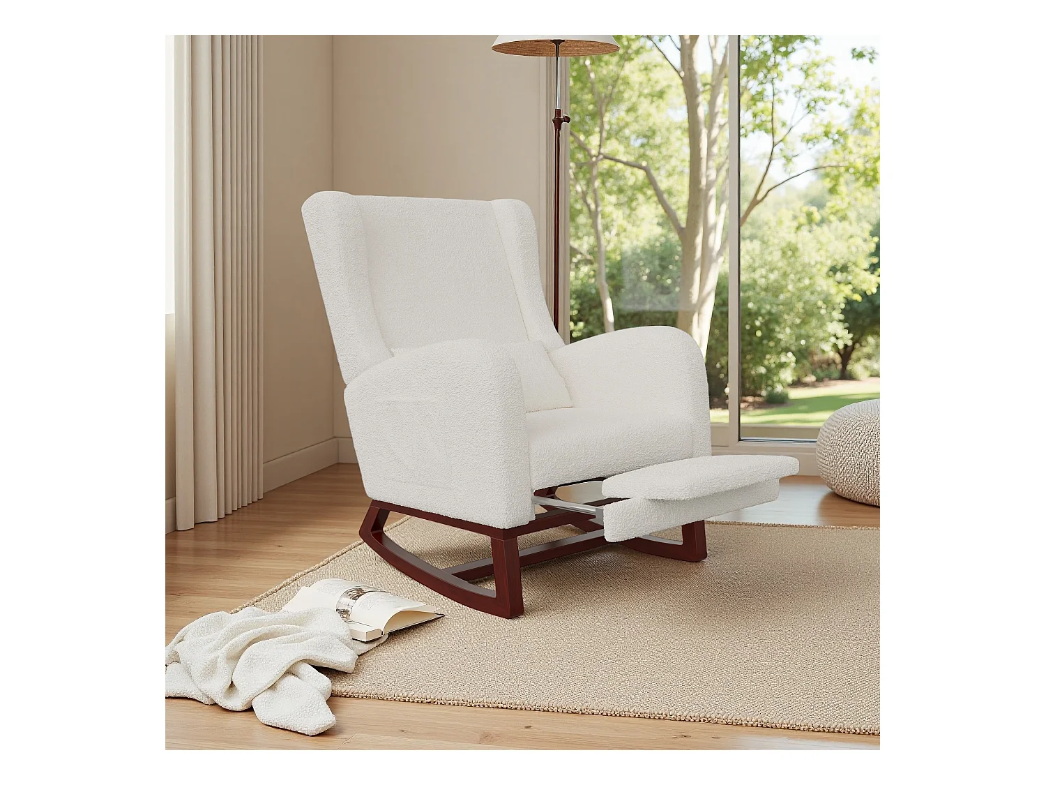 Mecedora blanca de tela efecto terciopelo con reposapiernas extensible, bolsillos laterales y cojín incluido