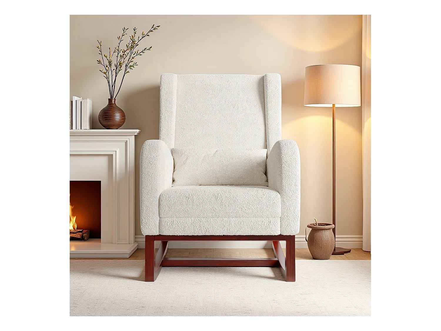 Mecedora blanca de tela efecto terciopelo con reposapiernas extensible, bolsillos laterales y cojín incluido