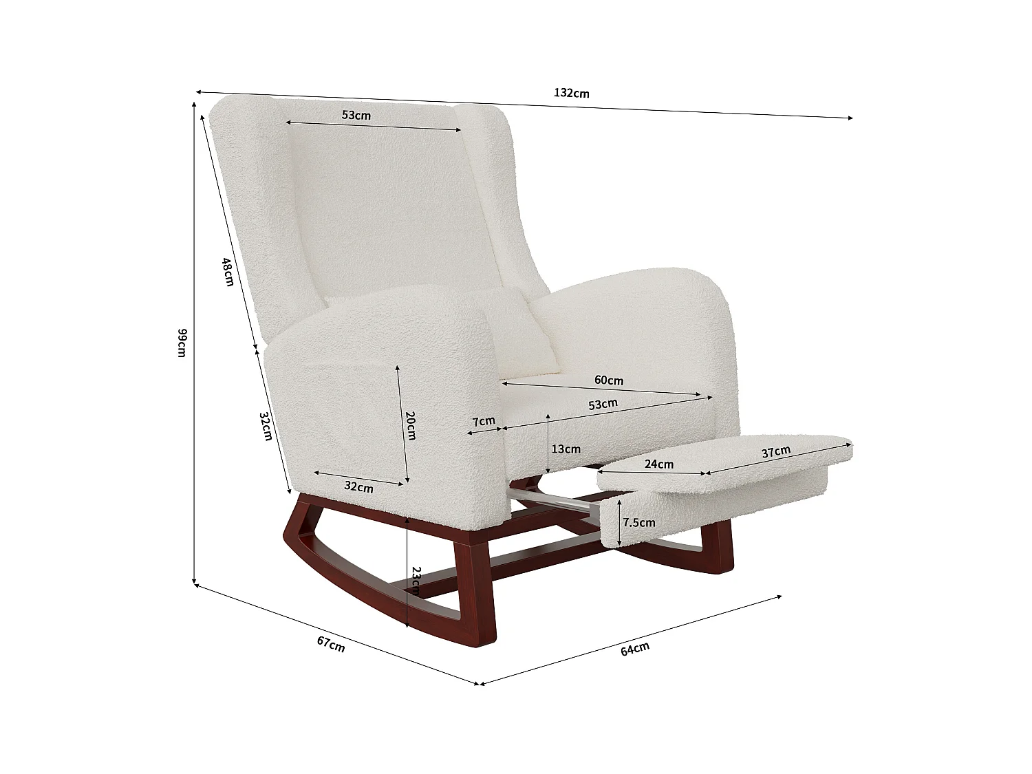 Mecedora blanca de tela efecto terciopelo con reposapiernas extensible, bolsillos laterales y cojín incluido