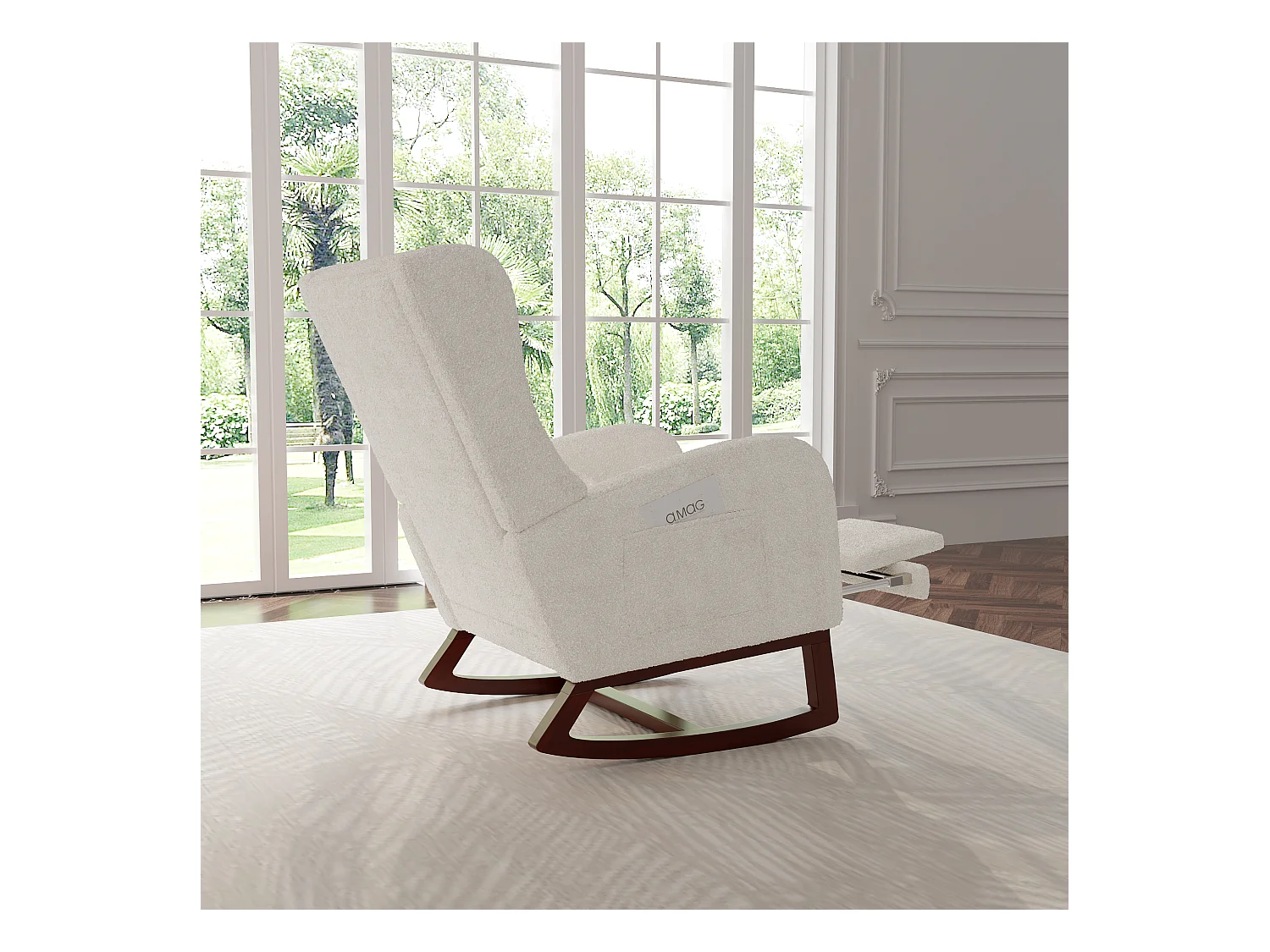 Mecedora blanca de tela efecto terciopelo con reposapiernas extensible, bolsillos laterales y cojín incluido