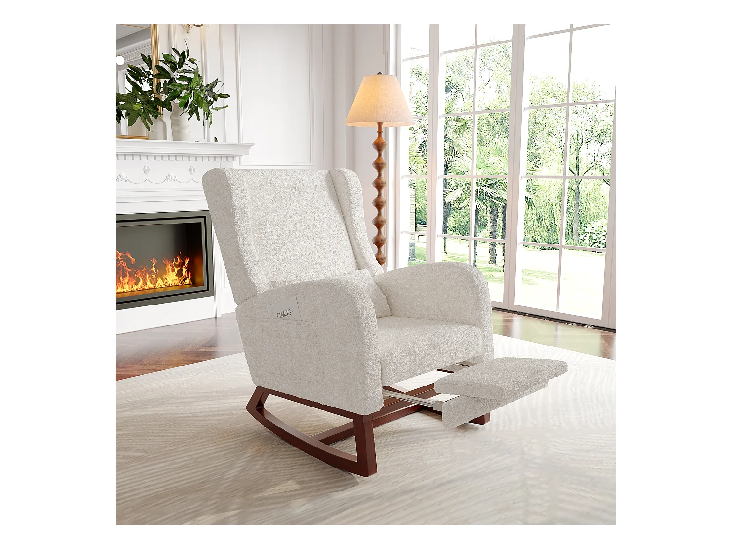 Mecedora blanca de tela efecto terciopelo con reposapiernas extensible, bolsillos laterales y cojín incluido