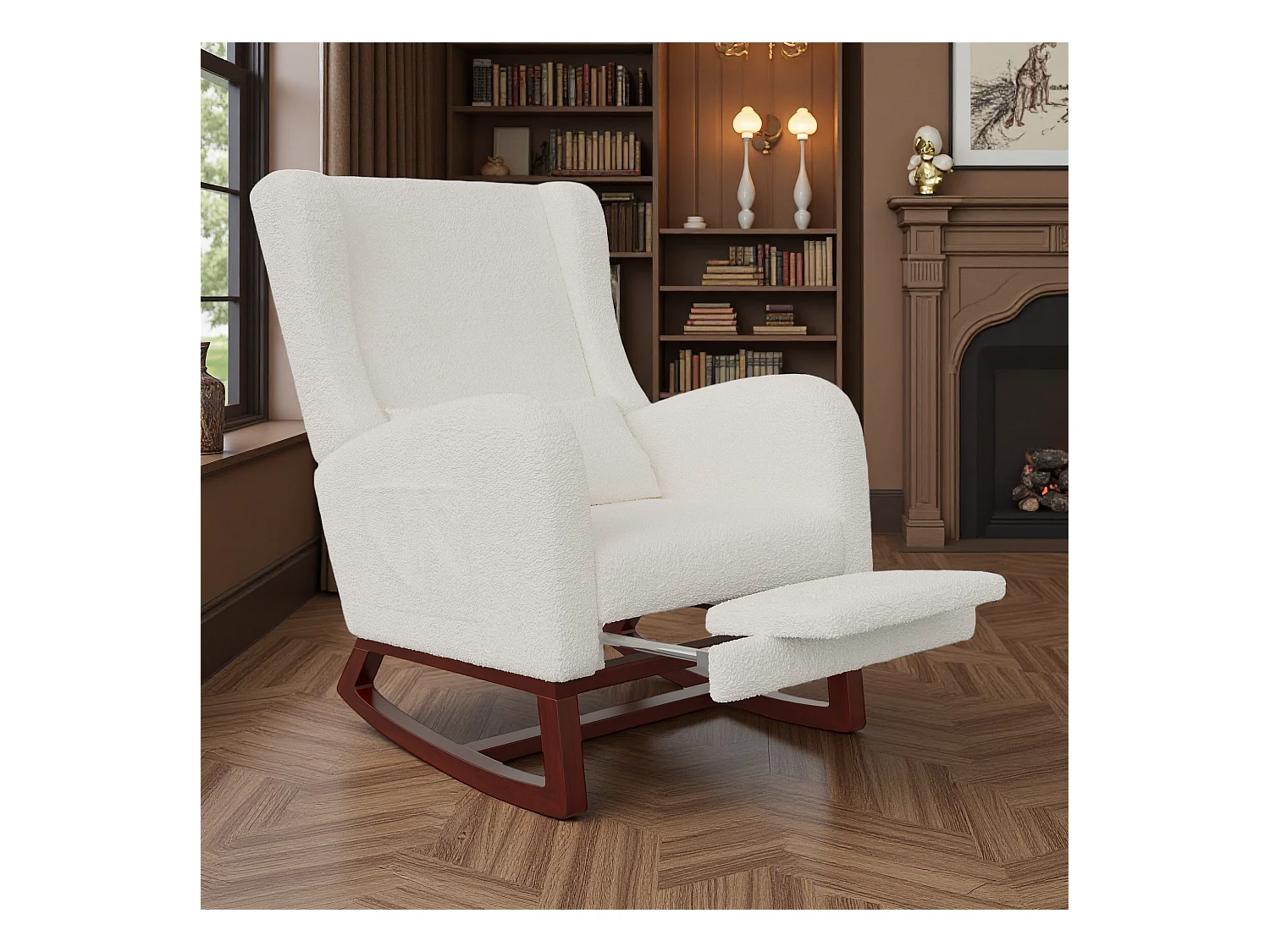 Mecedora blanca de tela efecto terciopelo con reposapiernas extensible, bolsillos laterales y cojín incluido