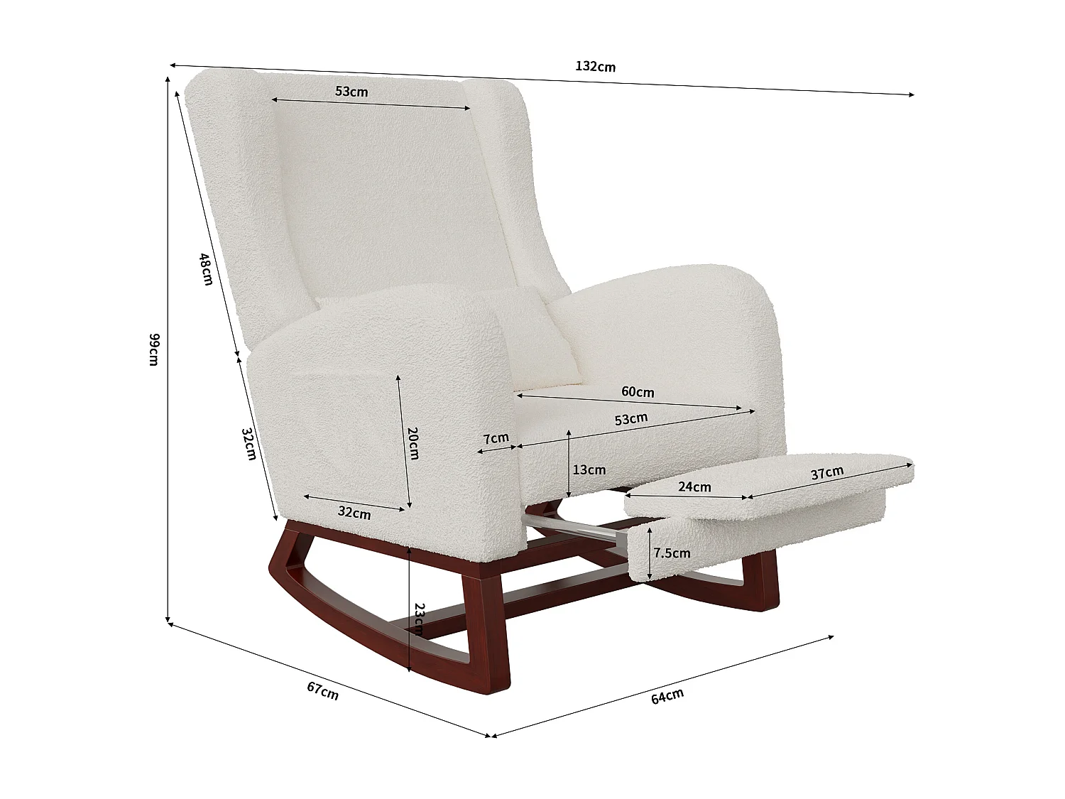 Fauteuil à bascule blanc cassé en tissu effet velours avec repose-jambes extensible, poches latérales et coussin inclus